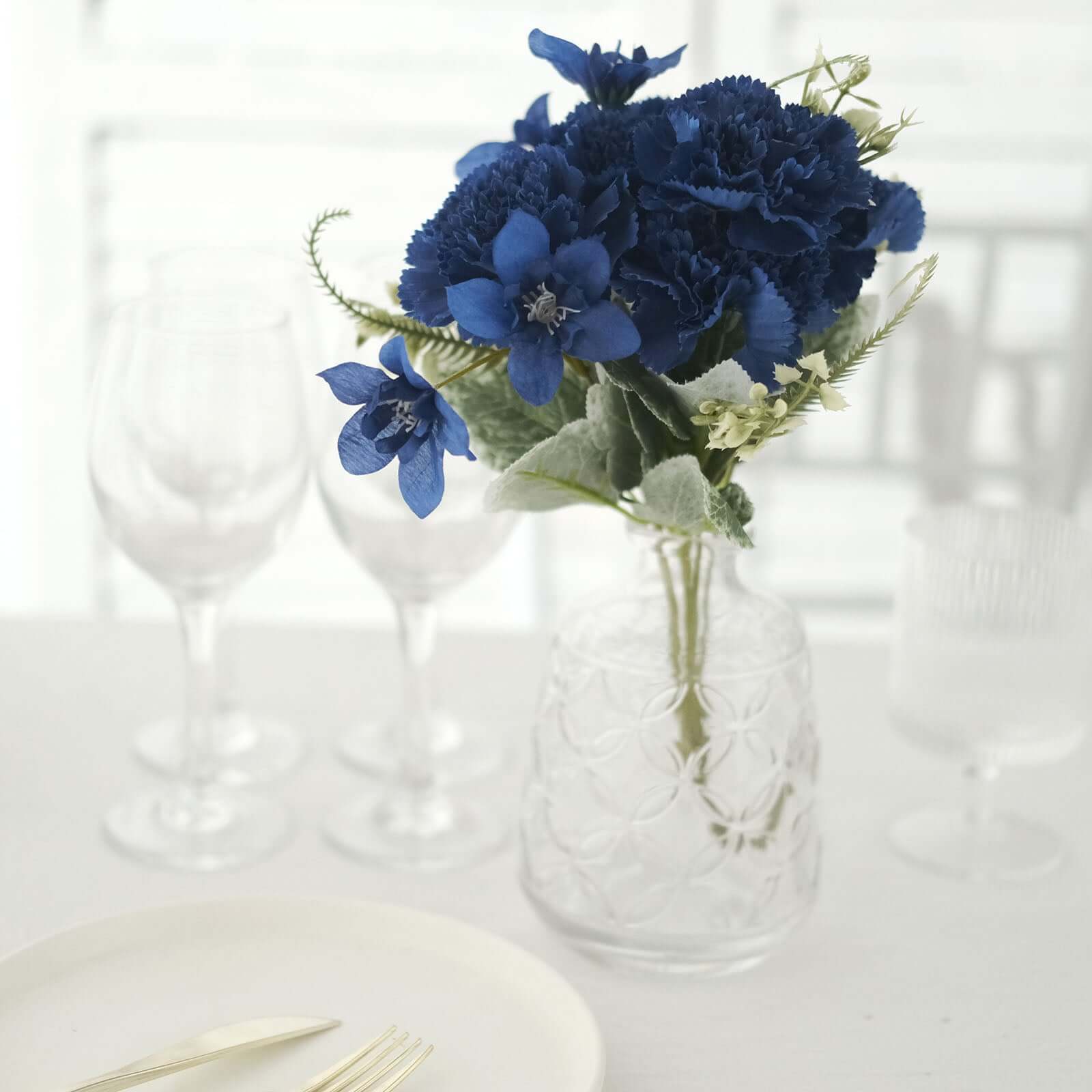 Set of 3 Navy Blue Artificial Silk Carnation Flower Arrangements, 14 Inches Tall