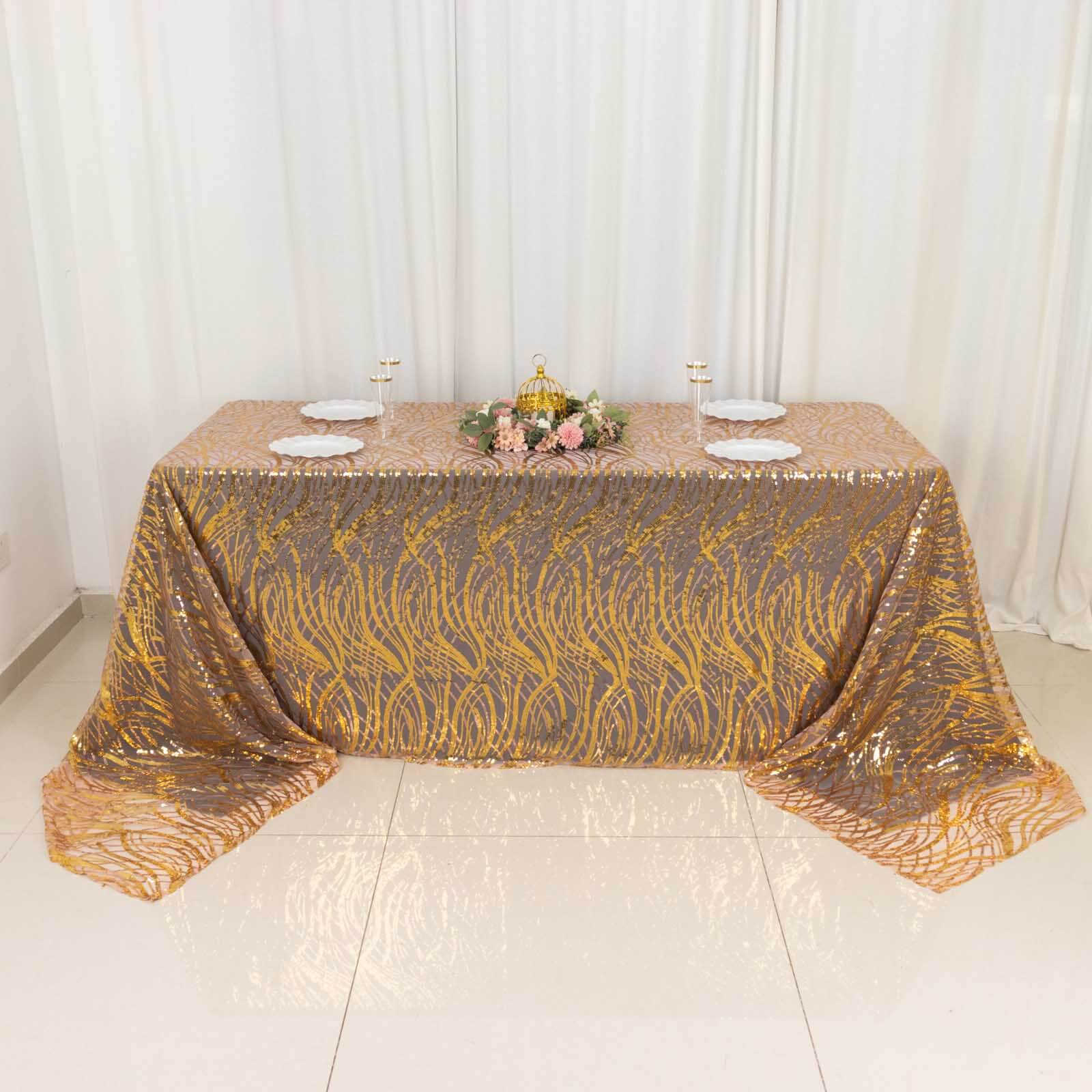 Sparkling Rose Gold/Gold Sequin Embroidered Mesh Rectangle Tablecloth for Special Events