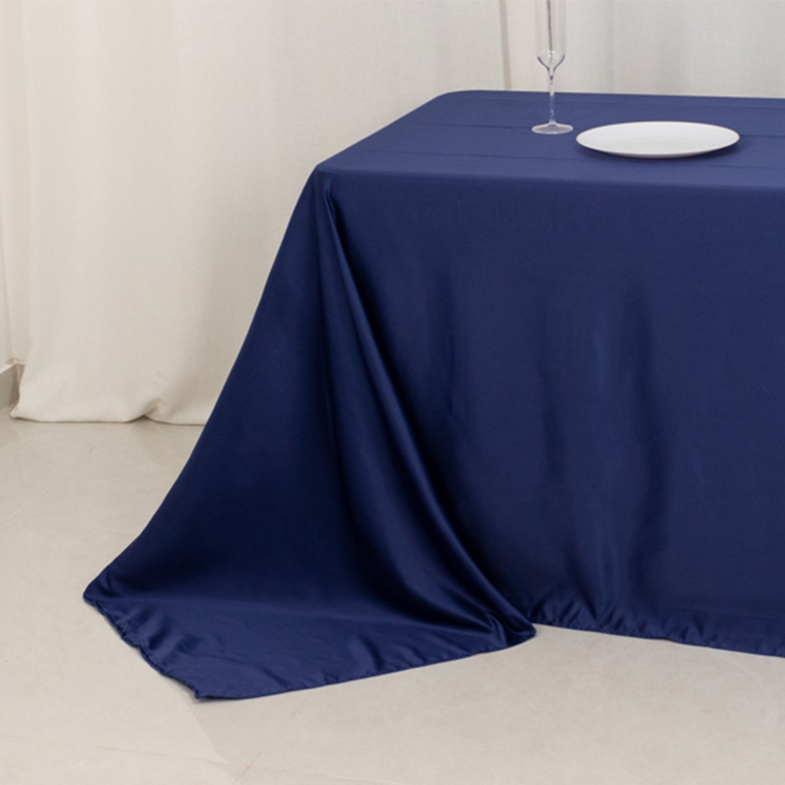 Luxurious Navy Blue Lamour Satin Rectangle Tablecloth 90x156 - Soft & Seamless
