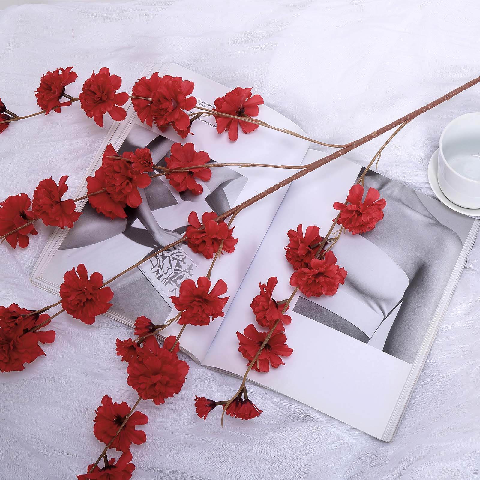 42-Inch Tall Red Artificial Silk Carnation Flower Stems - Set of 2 Branches
