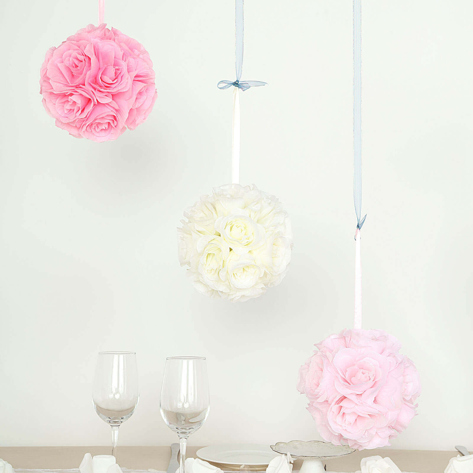 2-Pack Cream Artificial Silk Rose Kissing Balls, 7-Inch Faux Flower Decor