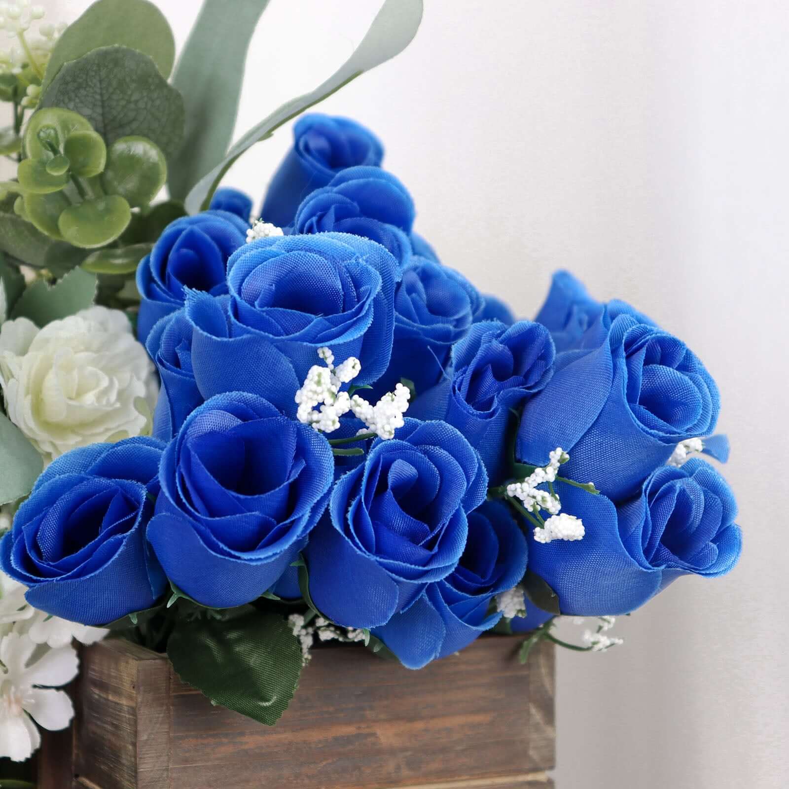 12 Bushes of Premium Royal Blue Artificial Silk Rose Bud Bouquets