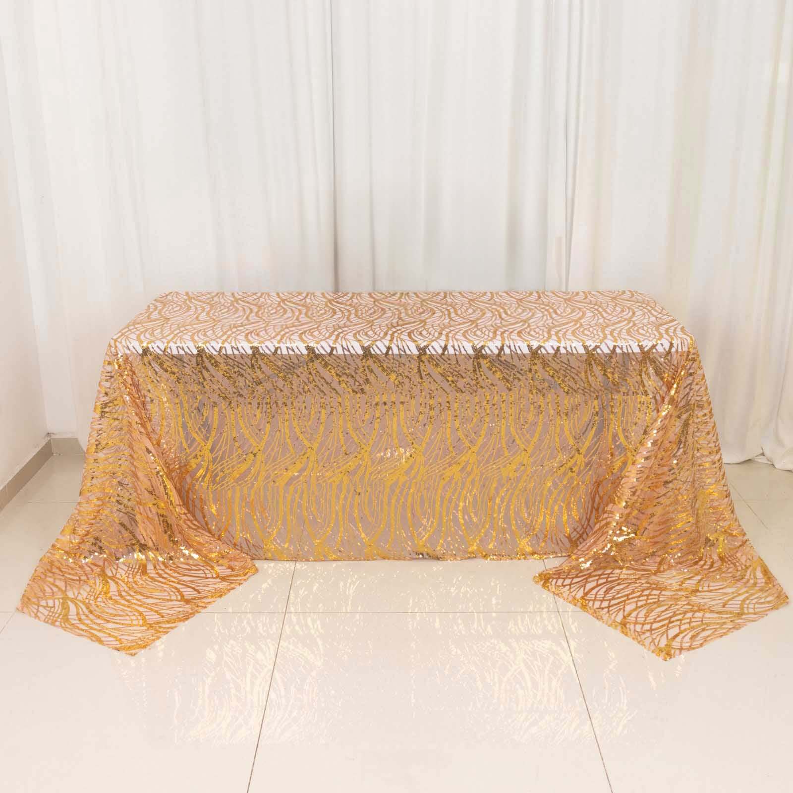 Sparkling Rose Gold/Gold Sequin Embroidered Mesh Rectangle Tablecloth for Special Events