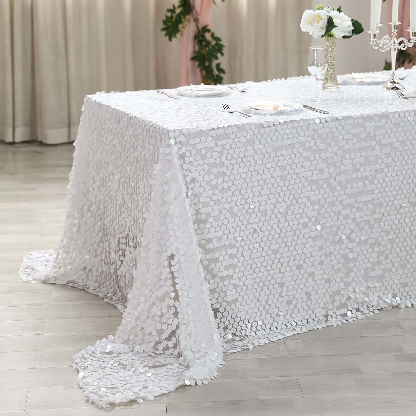 Exclusive Seamless White Sequin Tablecloth, 90x156 Rectangle