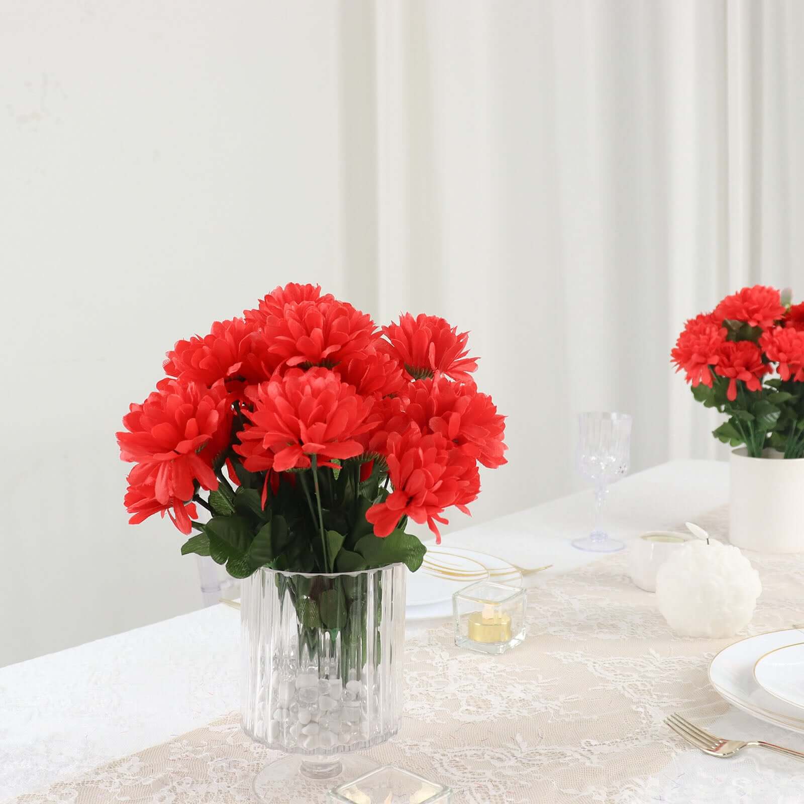 Hot Sale! 12 Bushes of Red Artificial Silk Chrysanthemum Flower Bouquets for Decor