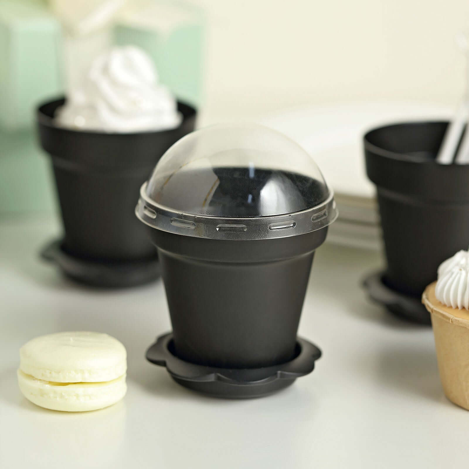 12-Pack Black Plastic Dessert Cups with Succulent Planter Design, Lids & Shovels