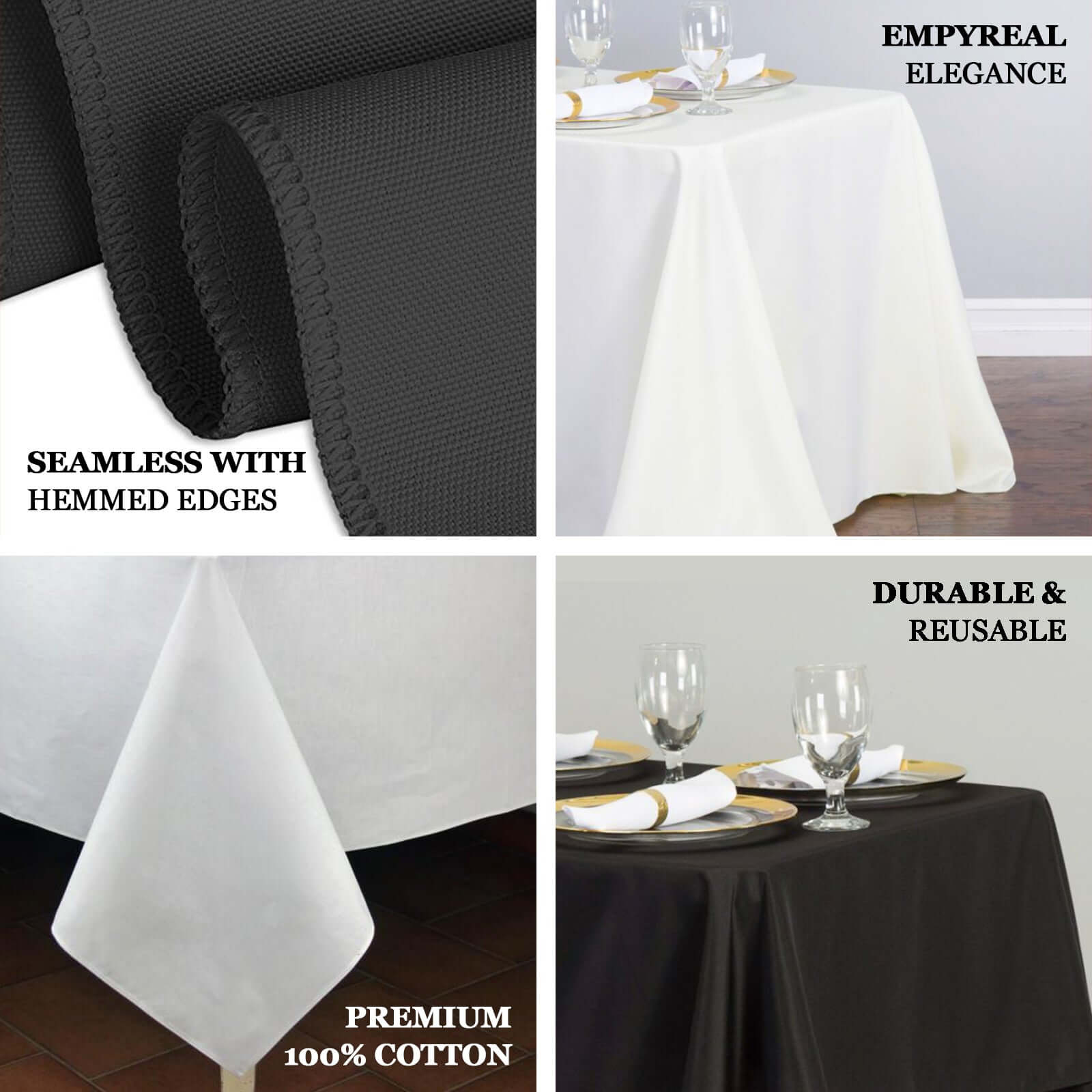 Black Seamless 100% Cotton Rectangle Tablecloth, 90x132, Soft & Breathable