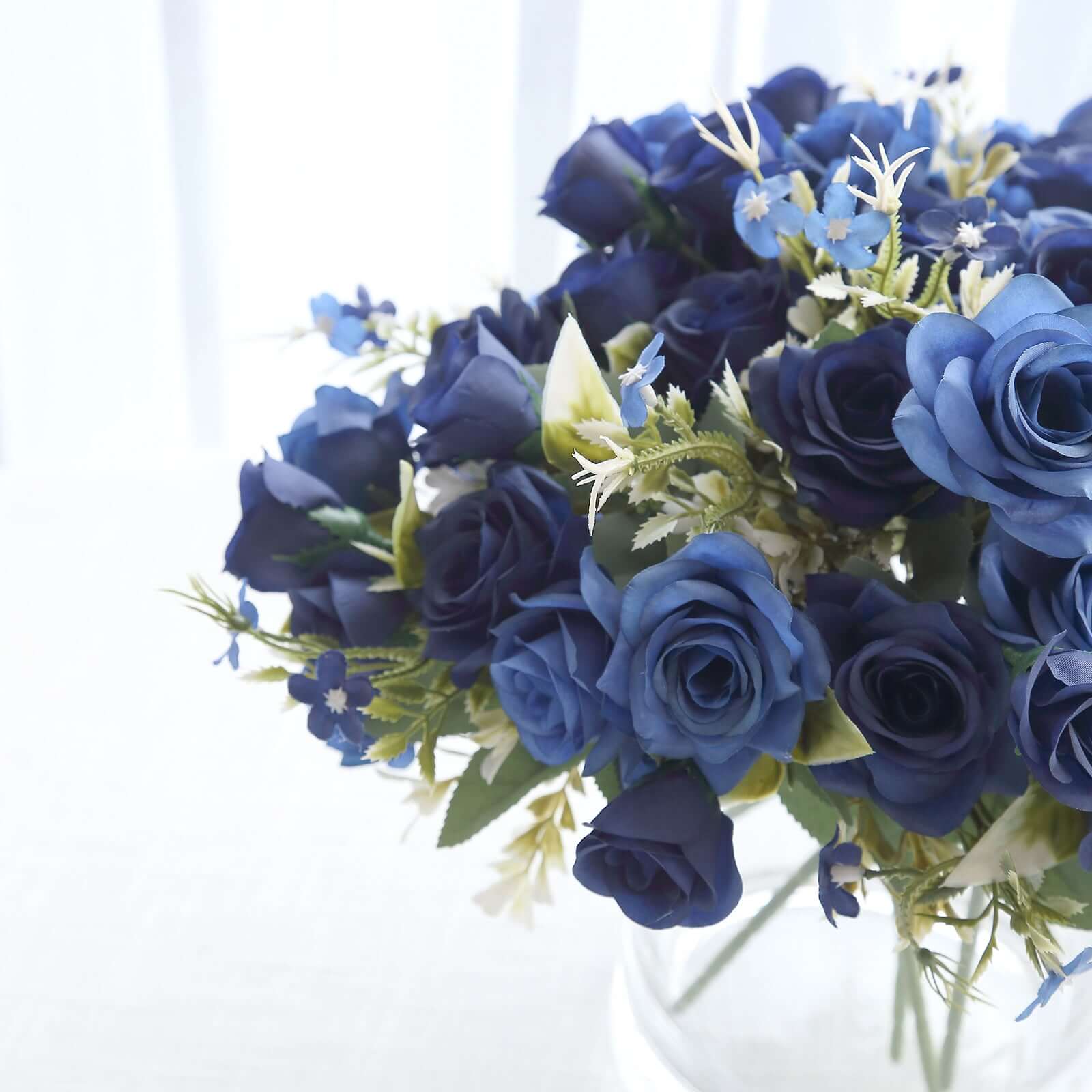 12-Inch Navy Blue Real Touch Artificial Silk Rose Flower Bouquet with 4 Bushes
