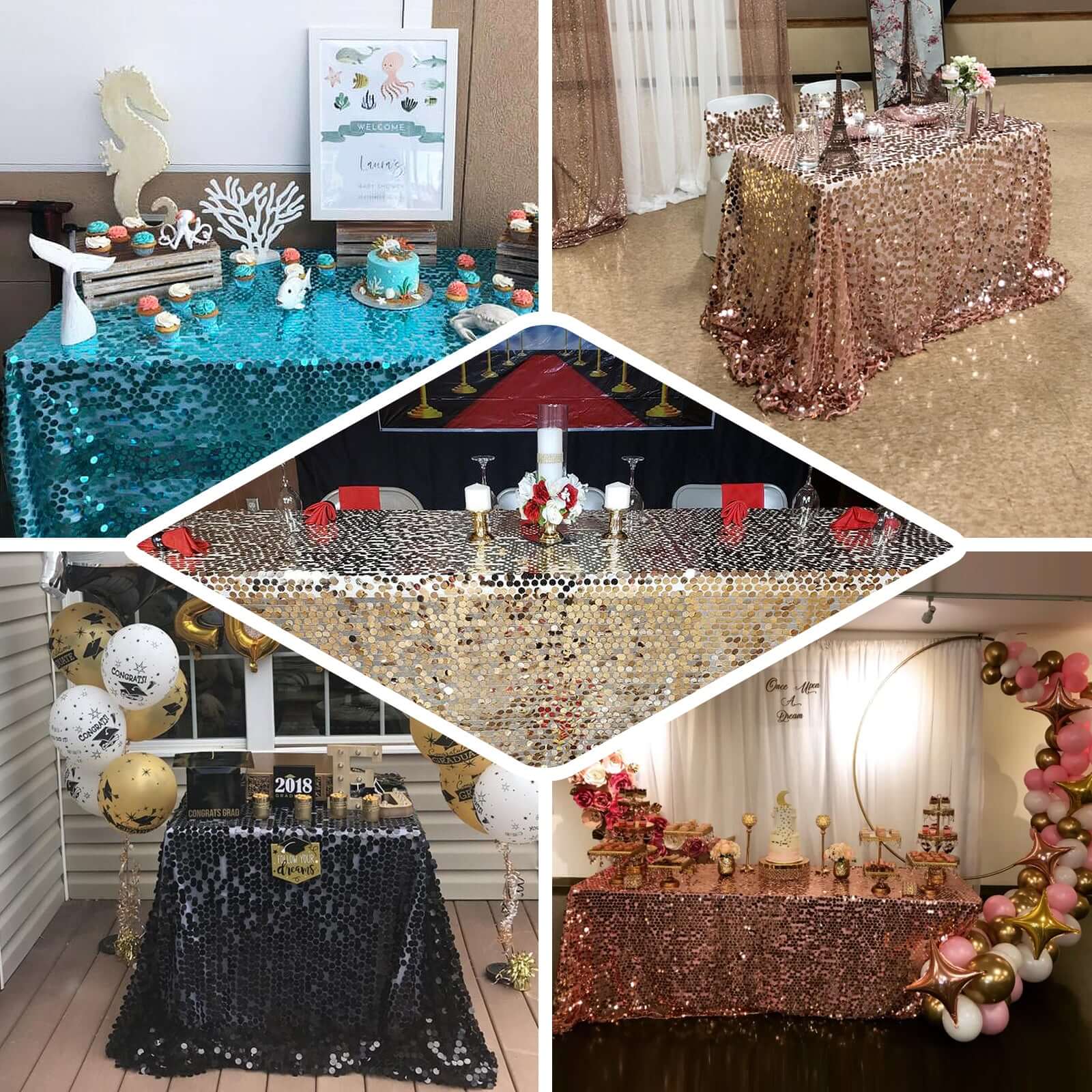 Turquoise Seamless 90x132 Rectangle Sequin Tablecloth for Big Payette Tables