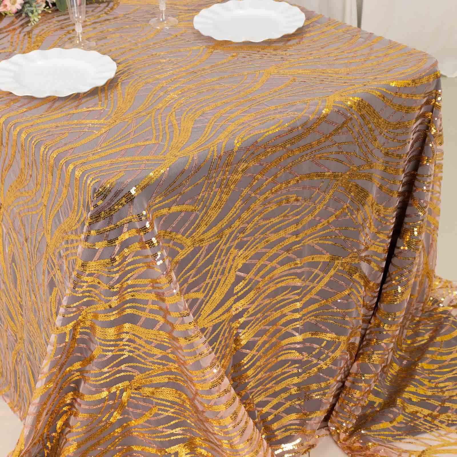 Sparkling Rose Gold/Gold Sequin Embroidered Mesh Rectangle Tablecloth for Special Events