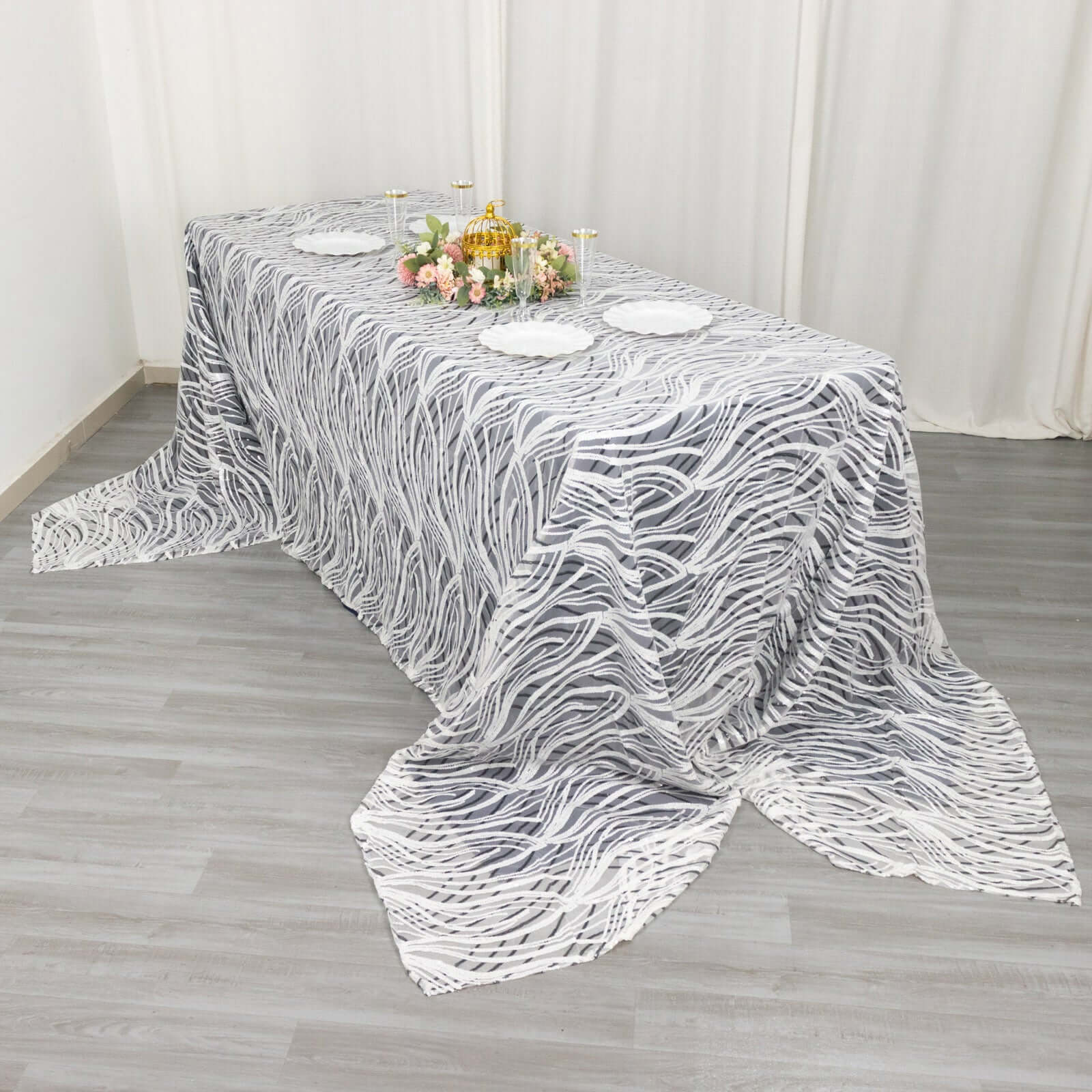 Sparkly Wave Sequin Embroidered White & Black Mesh Rectangle Tablecloth 90x156