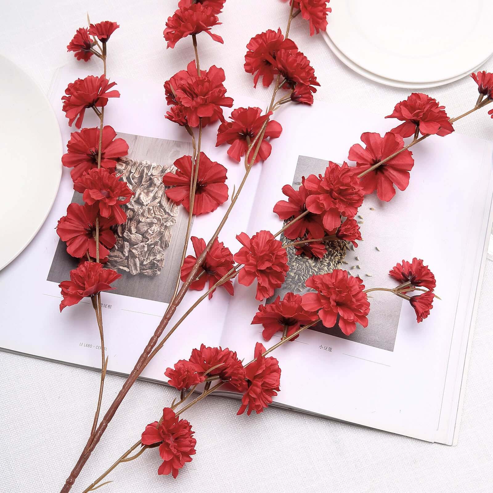 42-Inch Tall Red Artificial Silk Carnation Flower Stems - Set of 2 Branches