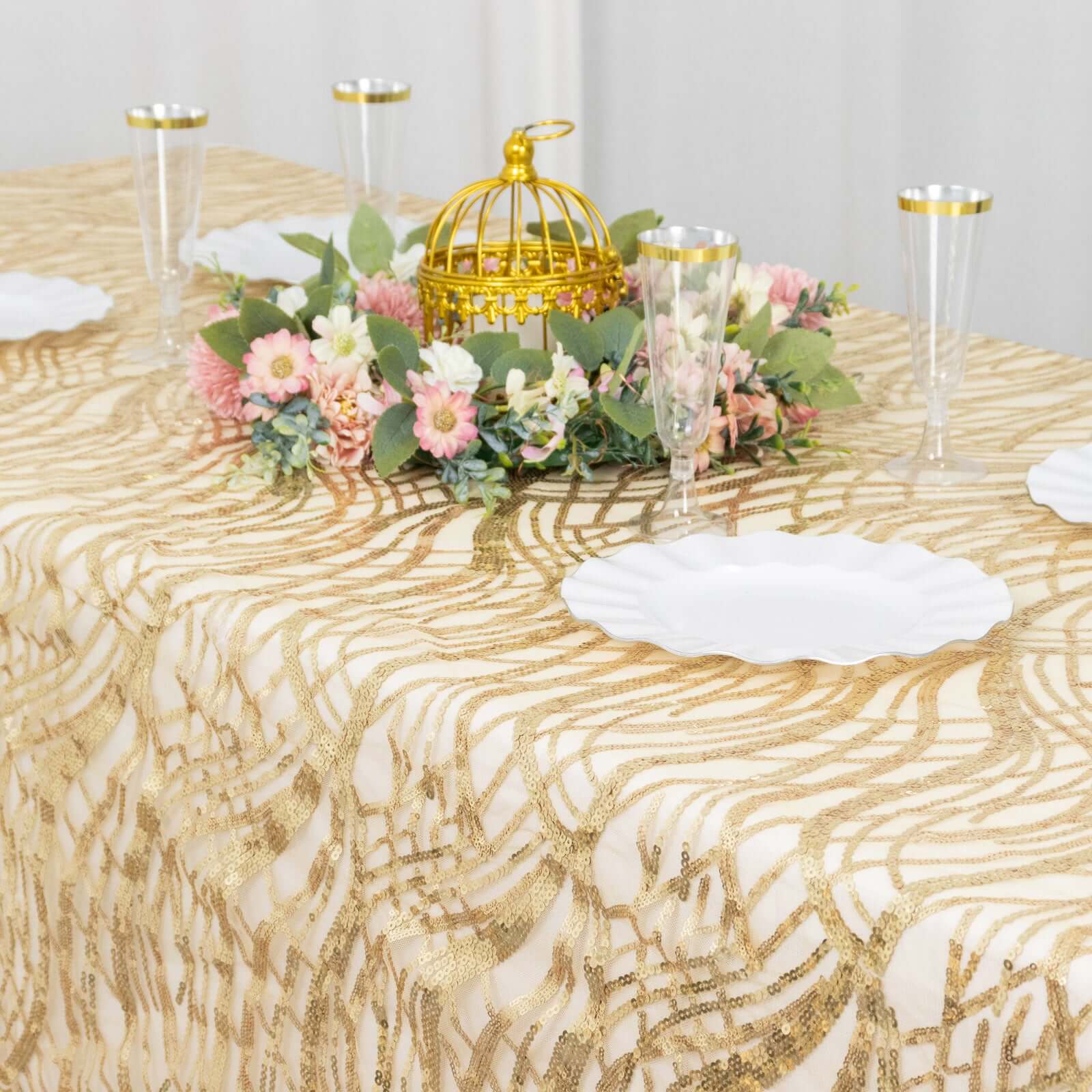 Champagne Sequin-Embroidered Mesh Rectangle Tablecloth 90x156 with Wave Pattern
