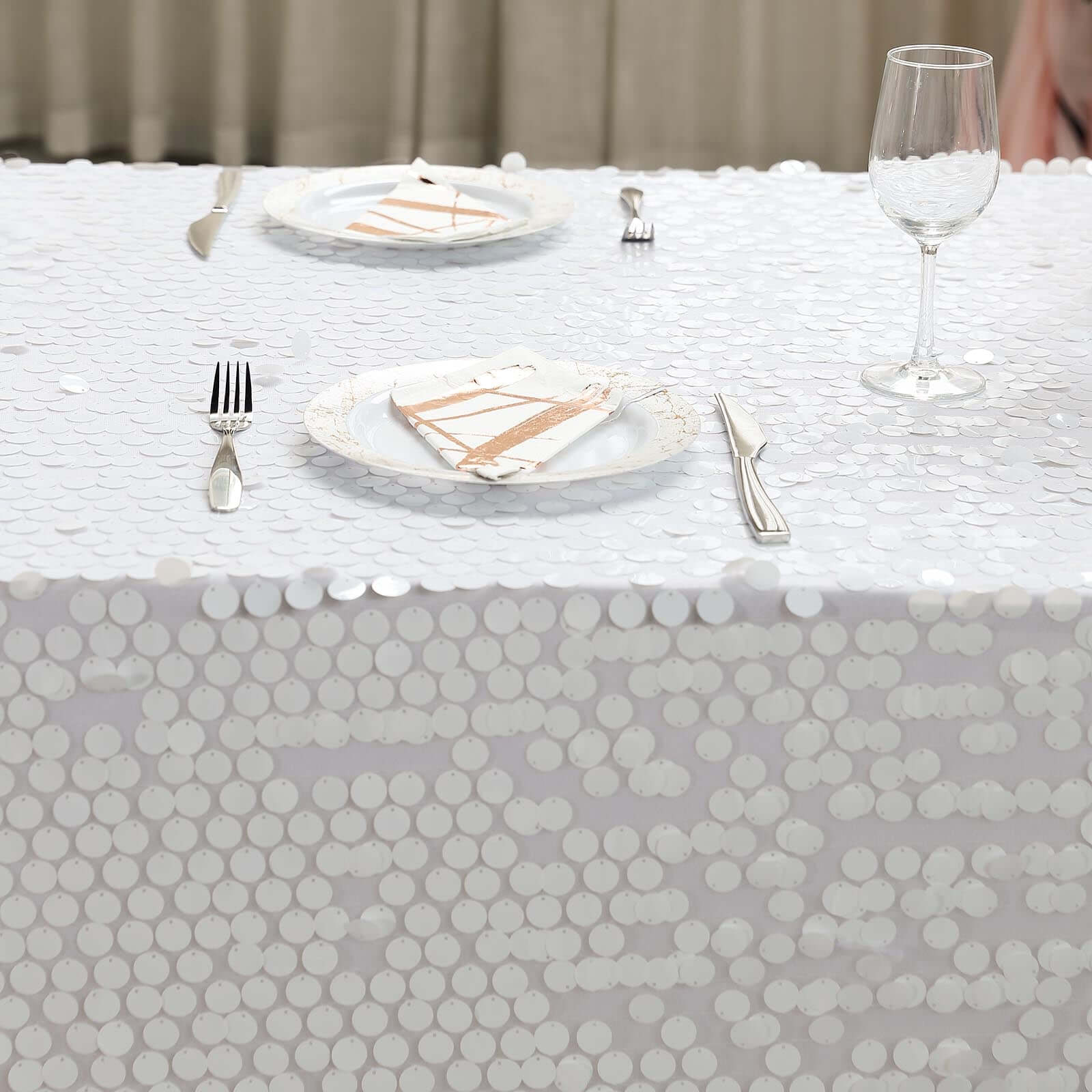 Exclusive Seamless White Sequin Tablecloth, 90x156 Rectangle