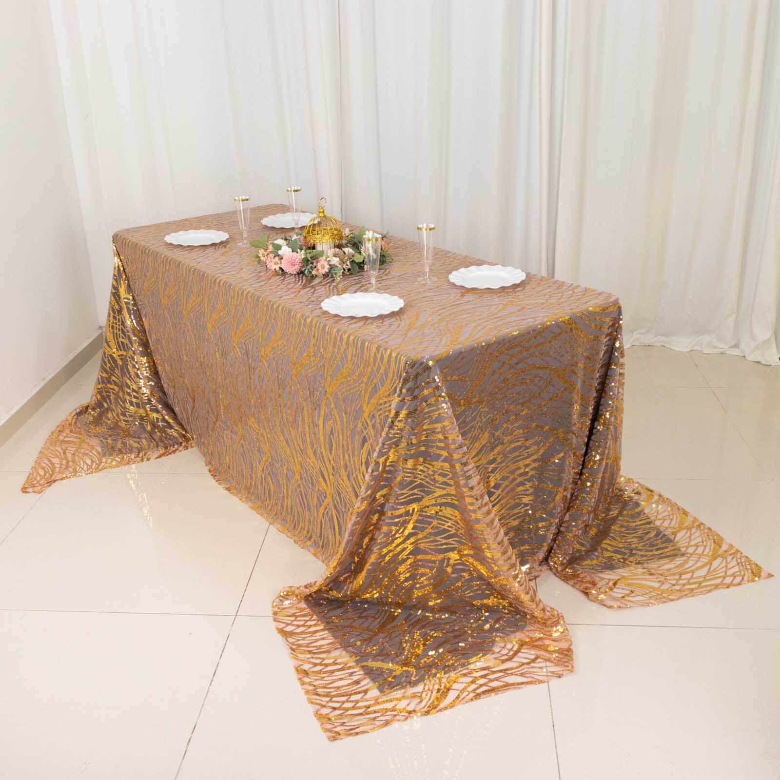 Sparkling Rose Gold/Gold Sequin Embroidered Mesh Rectangle Tablecloth for Special Events