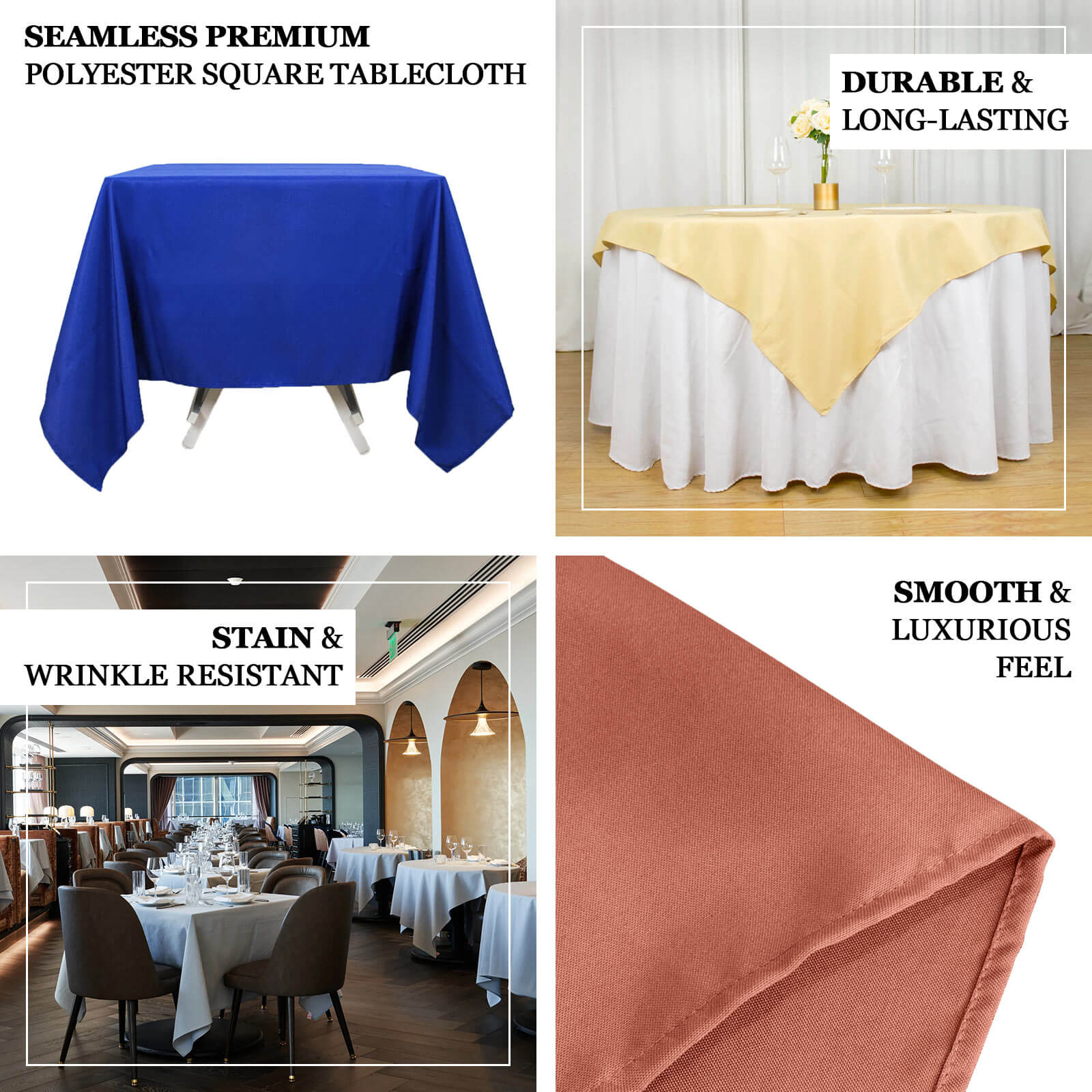 Hot Sale! Royal Blue 70x70 Premium Polyester Wrinkle-Resistant Square Table Cover for Events