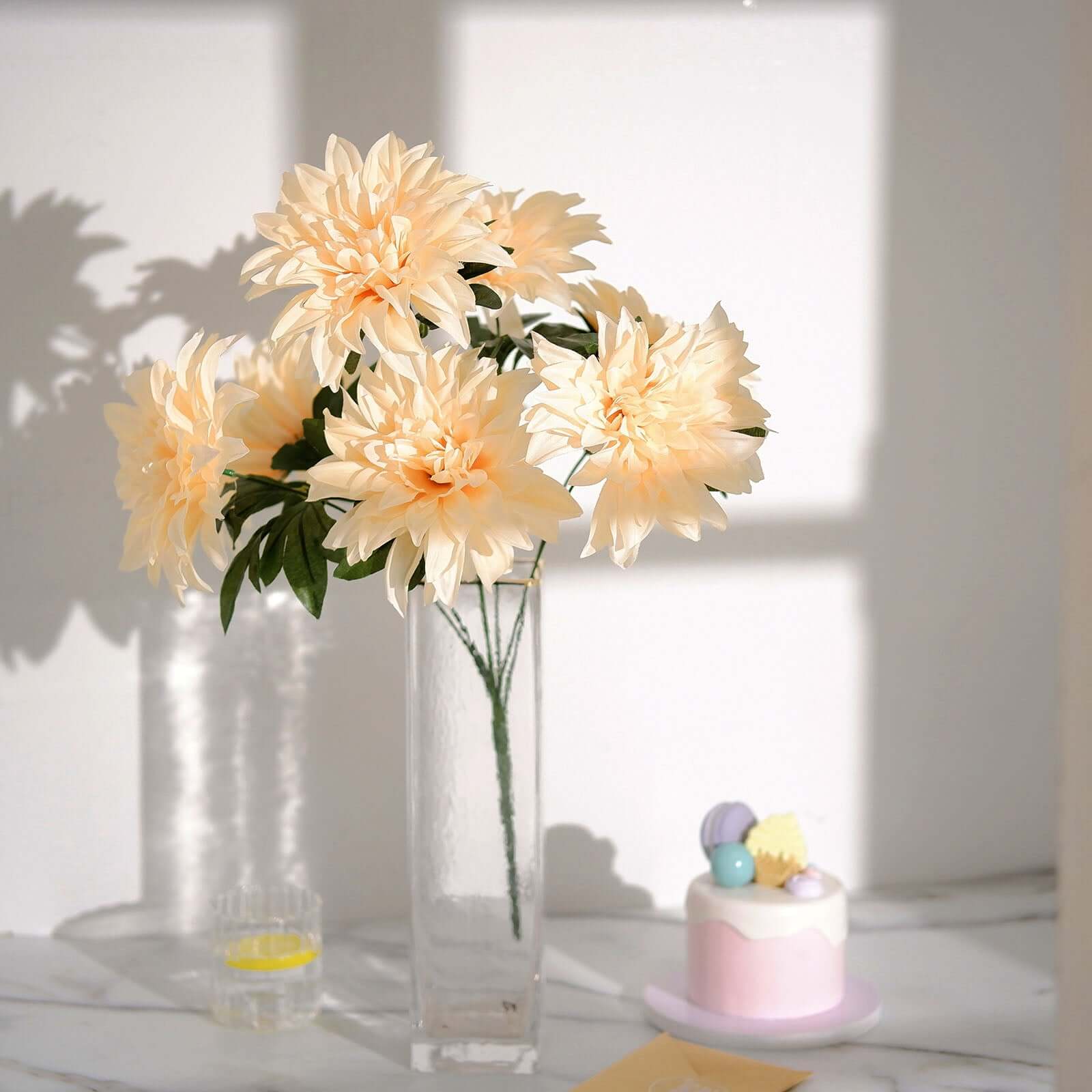 2 Cream Large Head Artificial Dahlia Bouquets - Silk Bridal Flower Decor Sale