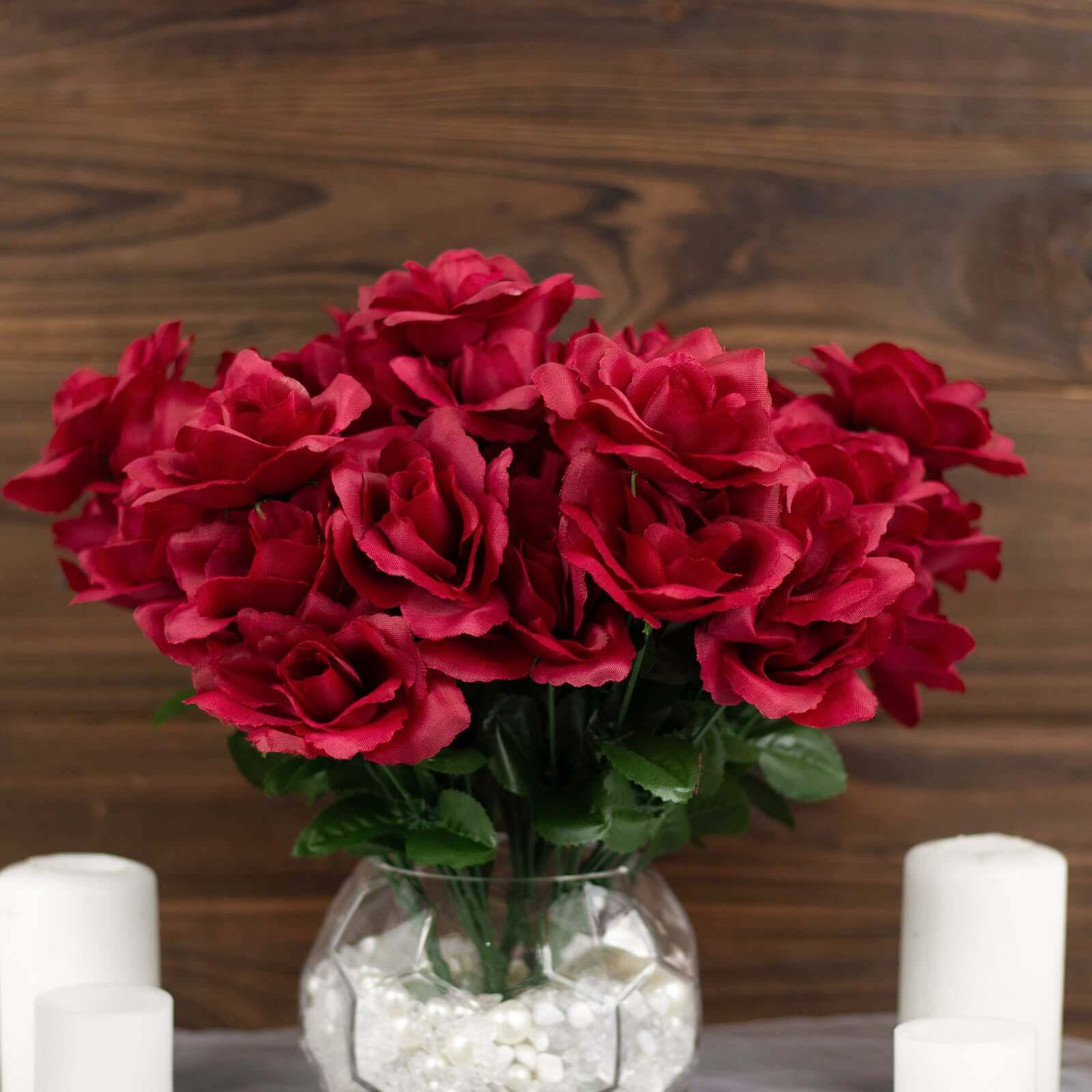 12 Bushes of Premium Burgundy Artificial Silk Rose Flowers, 84 Roses in Total
