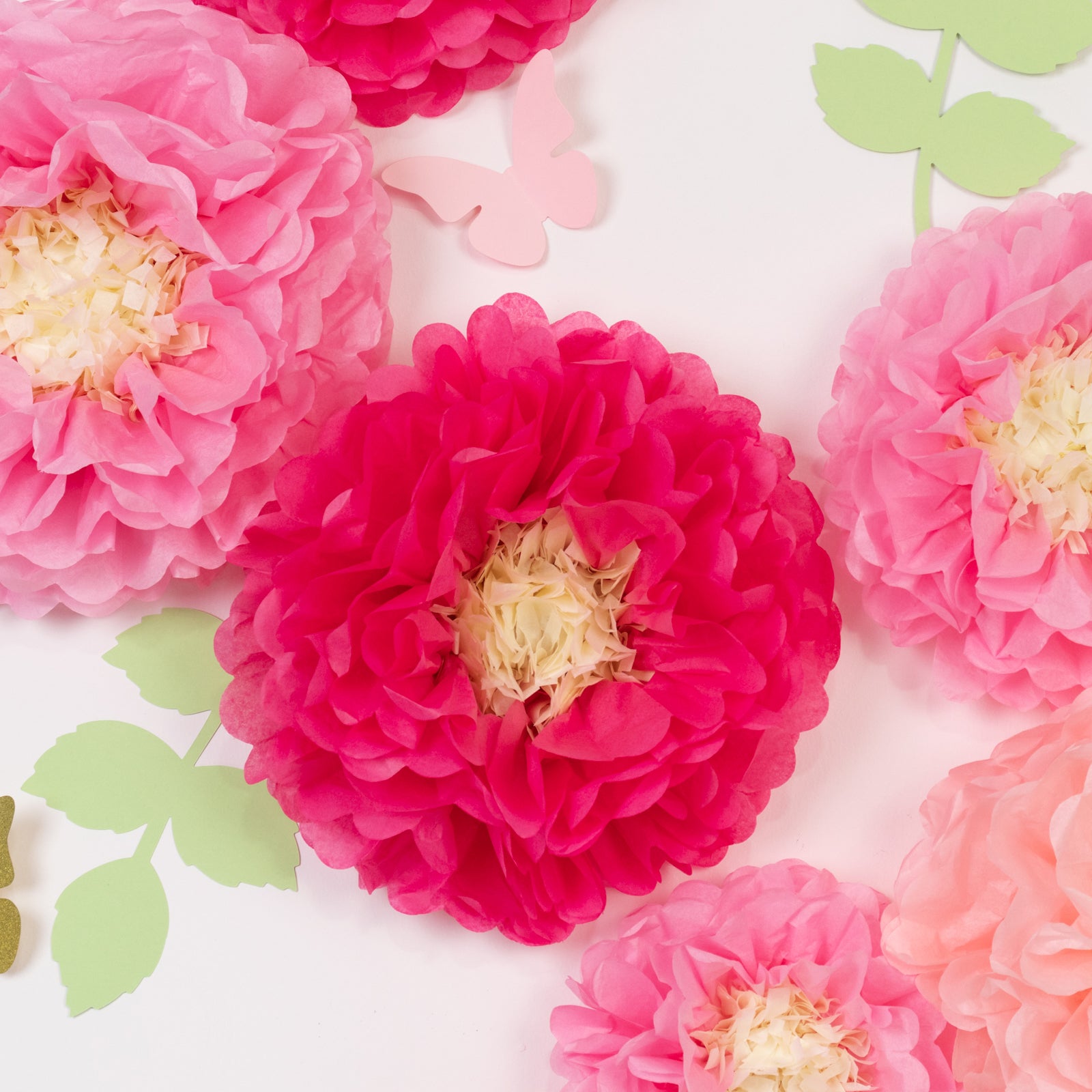 Hot Sale! Set of 21 Tissue Paper Chrysanthemum Pom Poms Decor Kit in Blush Pink with Butterflies & Olive Leaves