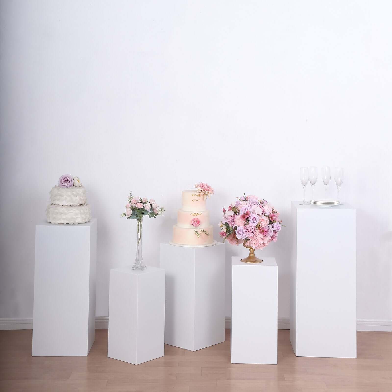 Set of 5 White Rectangular Metal Pedestal Stands for Backdrop Decor
