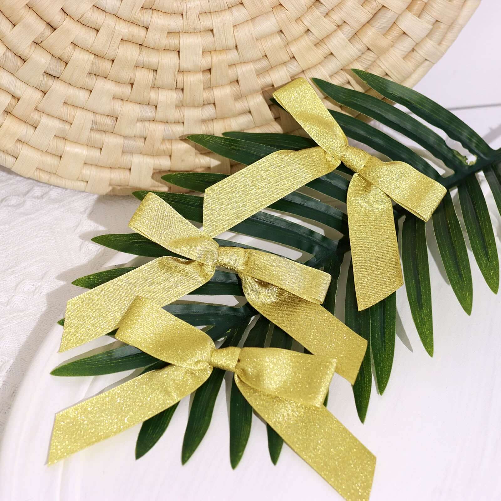 50 Pcs Gold Glitter Nylon Ribbon Bows with Twist Ties - Ideal for Gift Baskets & Party Favors
