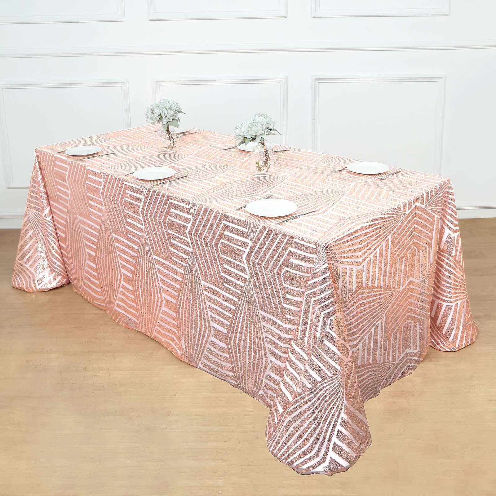 Hot Sale! Rose Gold Sequin Rectangle Tablecloth with Diamond Pattern, 90x132 Size