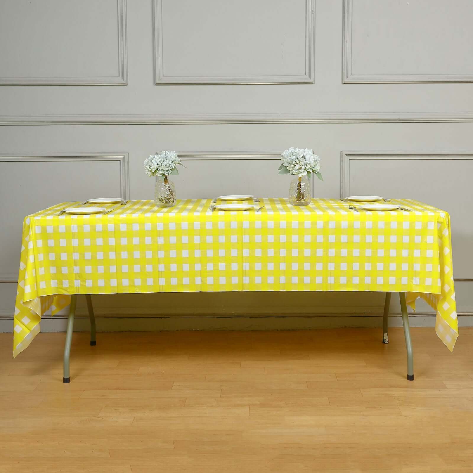 Lightweight Disposable PVC Plastic Table Cover - White/Yellow Checkered Rectangle, 54x108