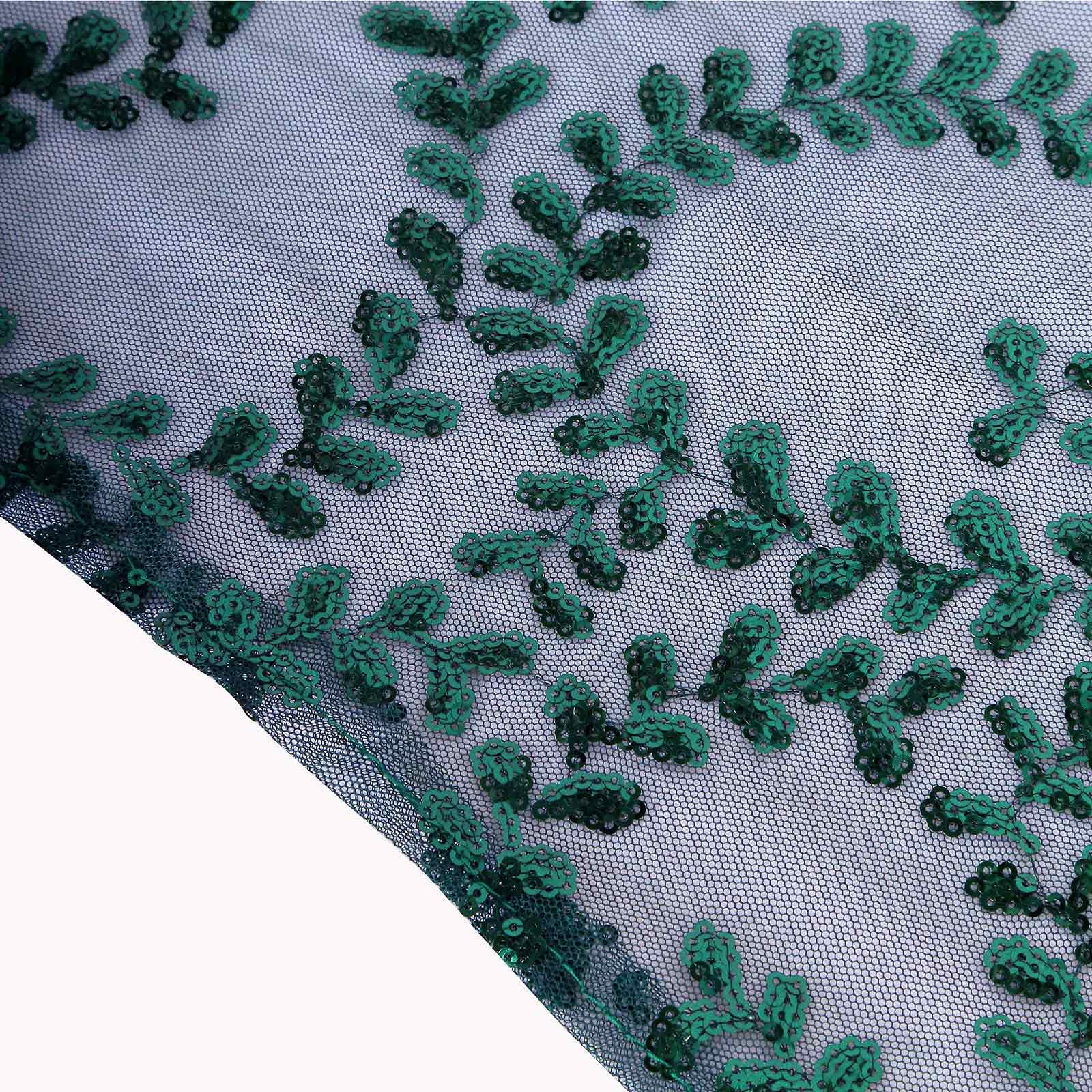 Hunter Emerald Green Sequin Leaf Embroidered 90x156 Rectangle Tulle Tablecloth