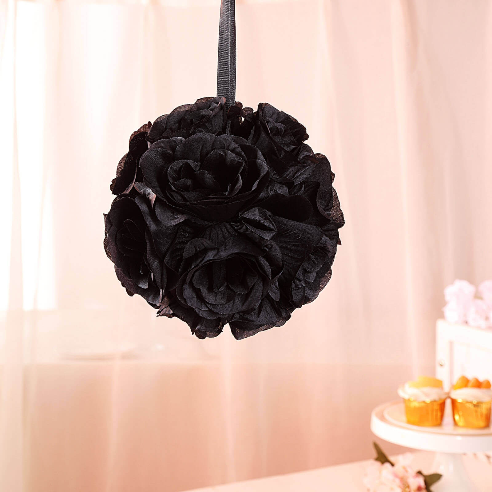 Hot Sale! 2-Pack 7-Inch Black Artificial Silk Rose Kissing Balls for Party Decor