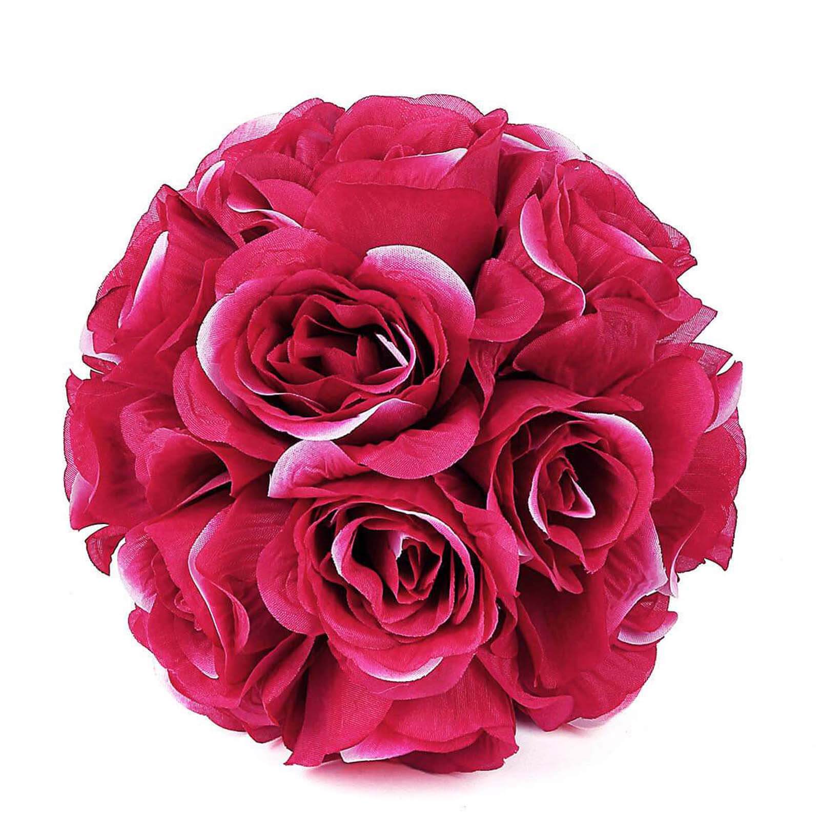 2-Pack 7-Inch Fuchsia Artificial Silk Rose Kissing Flower Balls for Decor