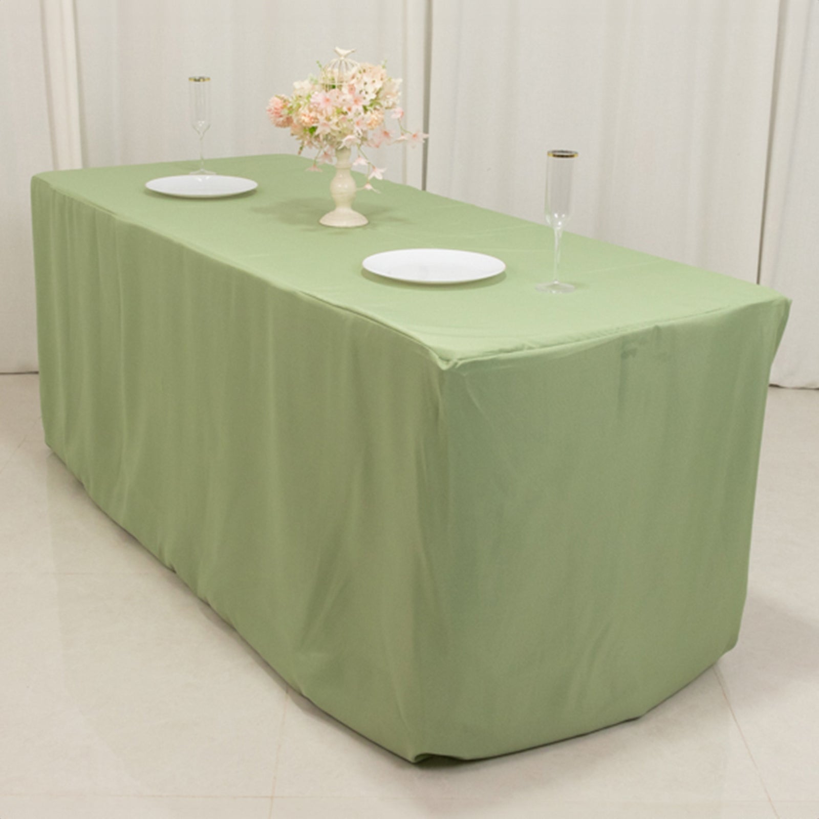 Sale! Durable & Easy - Maintain Sage Green Polyester Fitted Rectangle Tablecloth for 6FT Tables
