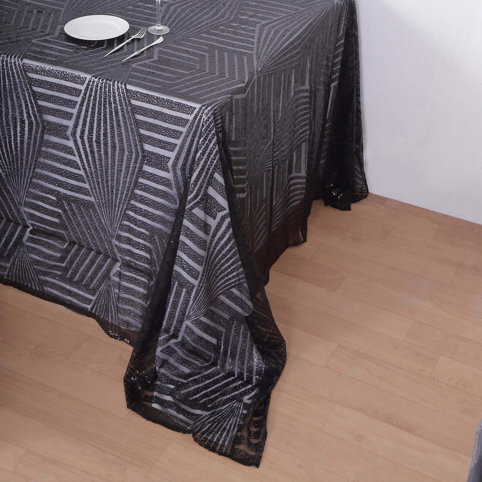 Exclusive Black Sequin Rectangle Tablecloth with Diamond Pattern, 90x132 inches