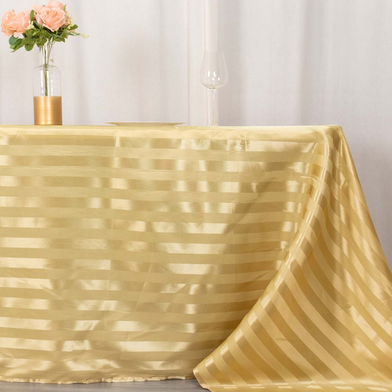 Champagne Satin Rectangular Tablecloth with Glossy Stripes, 90x132