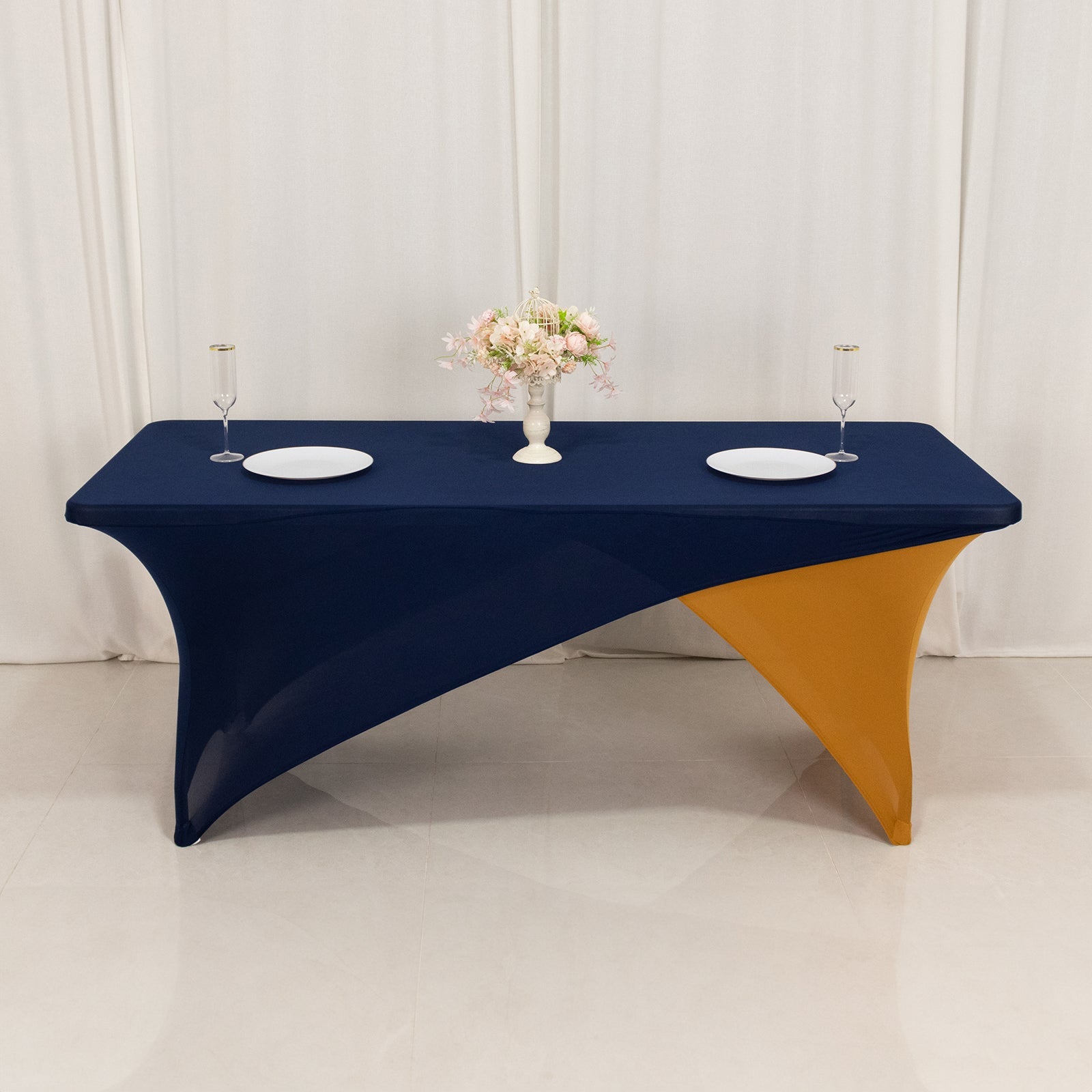 Navy Blue/Gold Stretch Spandex Two-Piece Fitted 72x30 Rectangle Table Cover