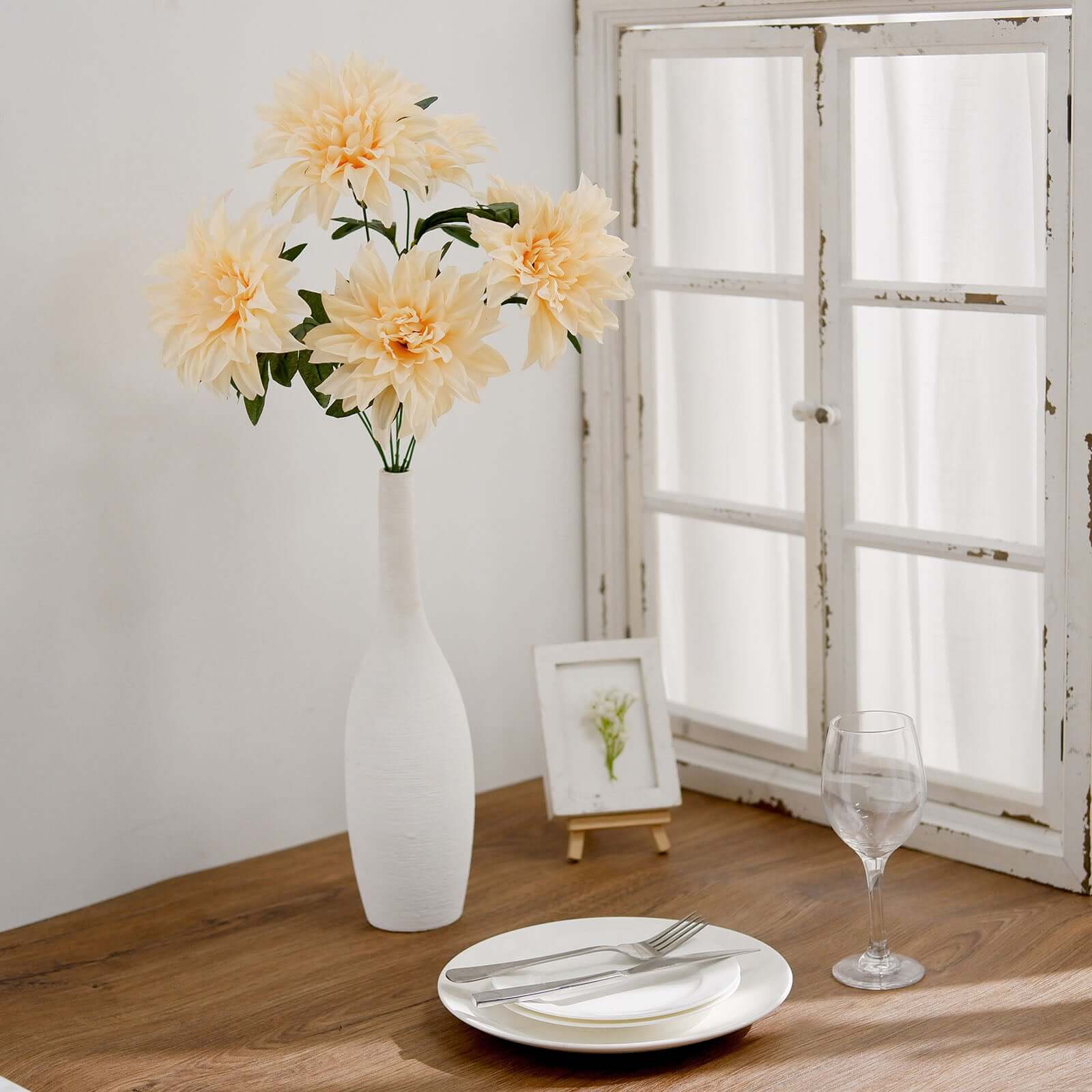 2 Cream Large Head Artificial Dahlia Bouquets - Silk Bridal Flower Decor Sale