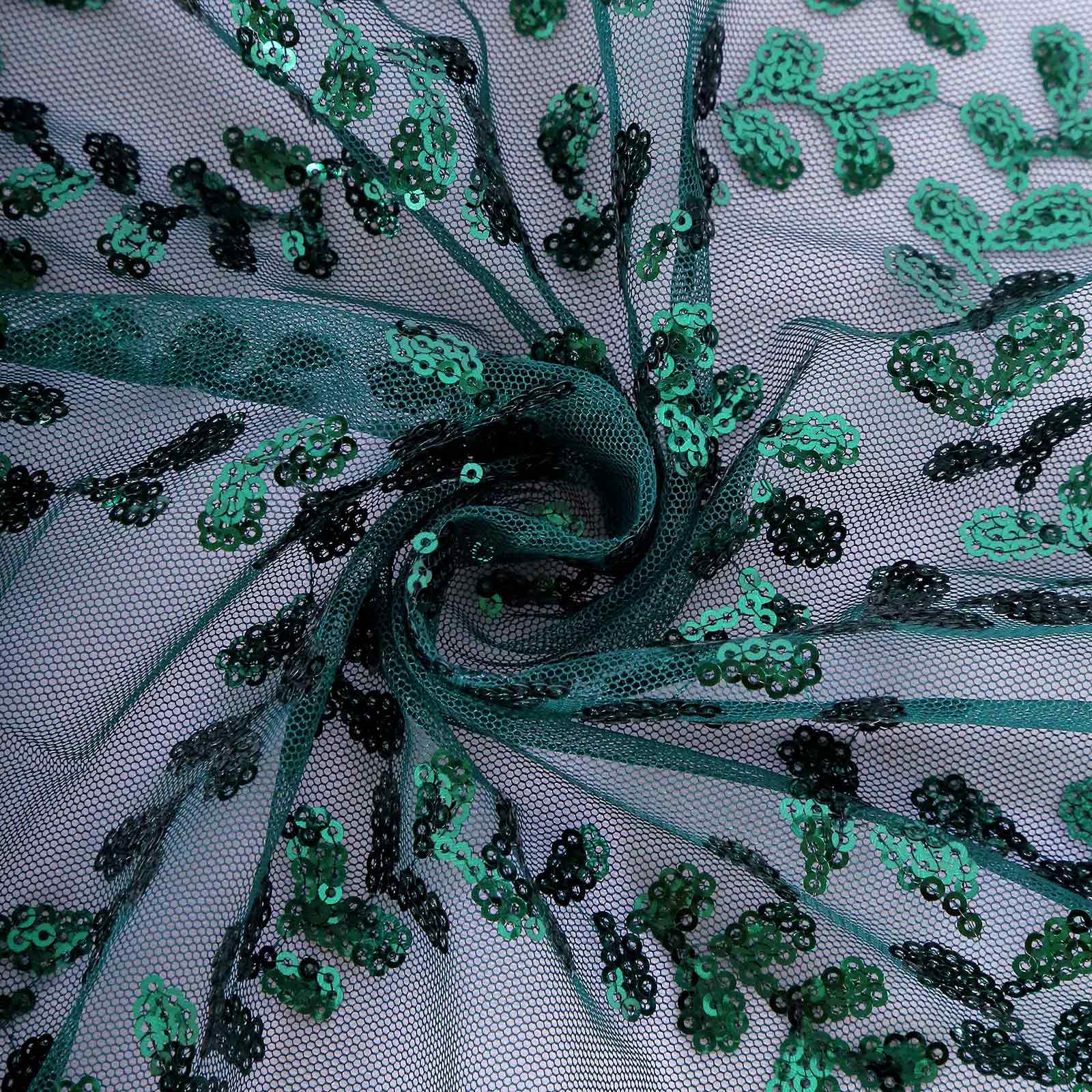 Hunter Emerald Green Sequin Leaf Embroidered 90x156 Rectangle Tulle Tablecloth