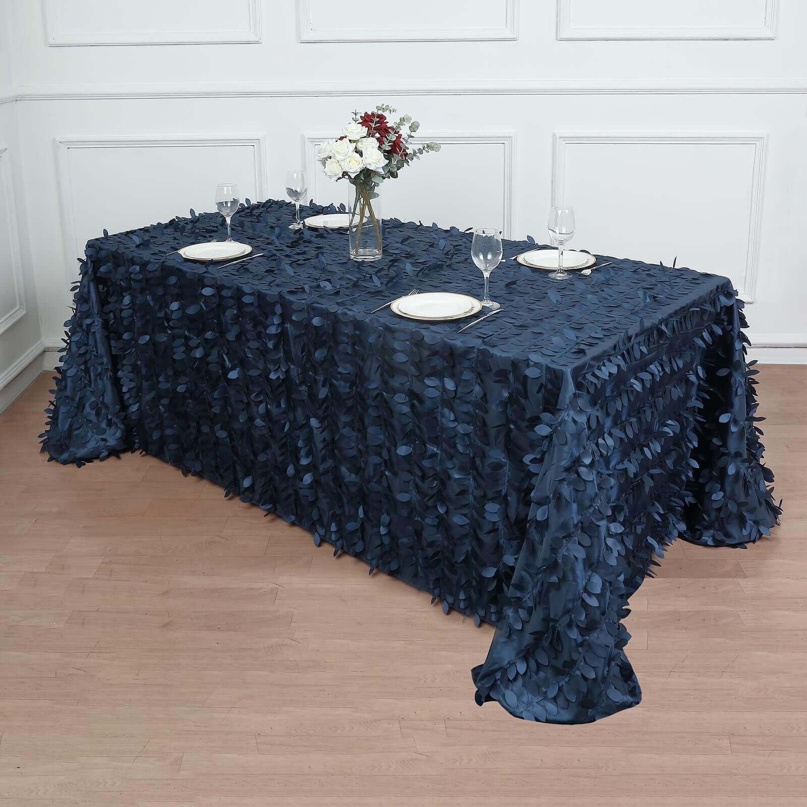 Navy Blue Taffeta Rectangle Tablecloth 90x132 with 3D Leaf Petal Design
