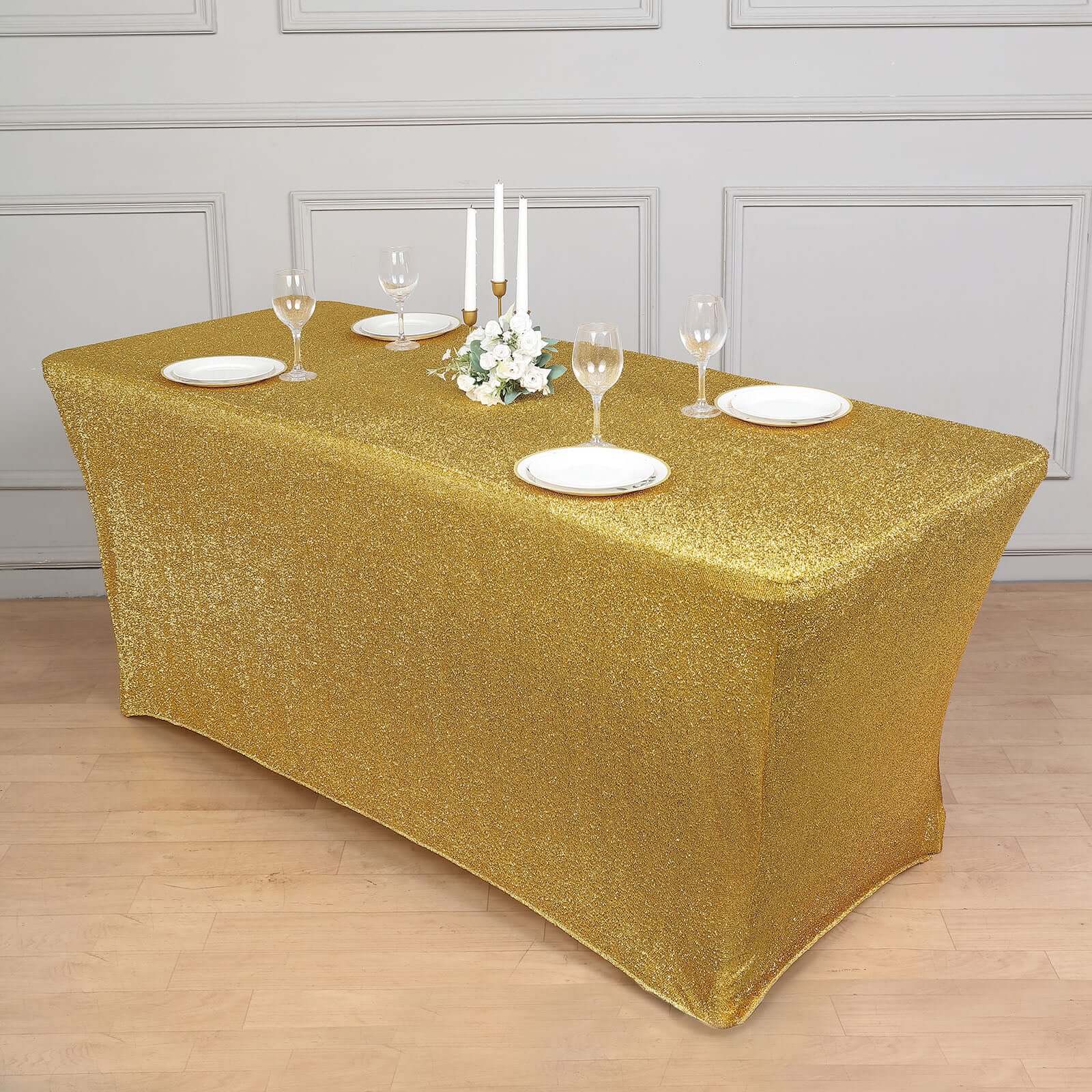 Hot Sale! Metallic Gold Glittered Stretch Spandex Tablecloth for Event Decor, 72x30 Rectangle