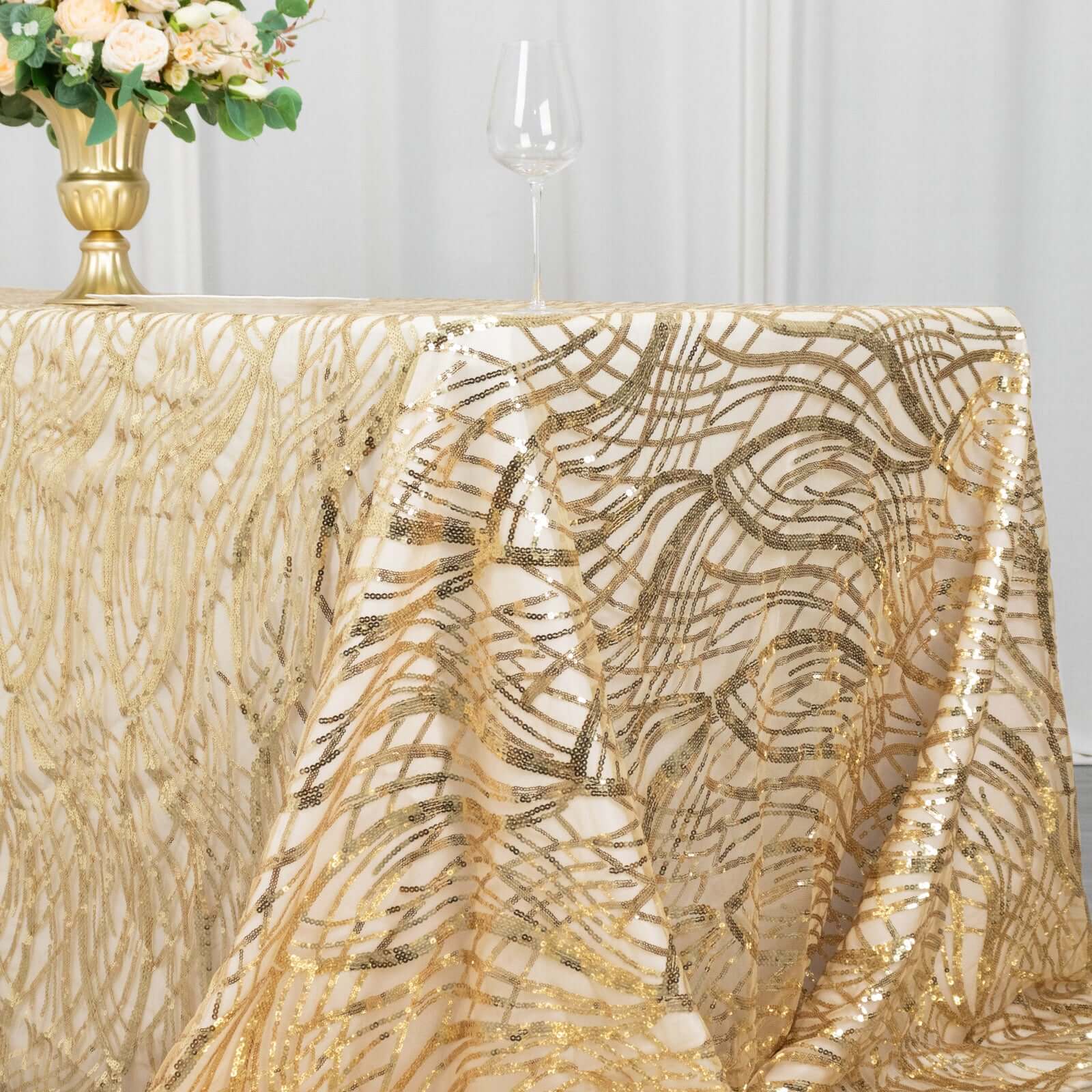 Champagne Sequin-Embroidered Mesh Rectangle Tablecloth 90x156 with Wave Pattern