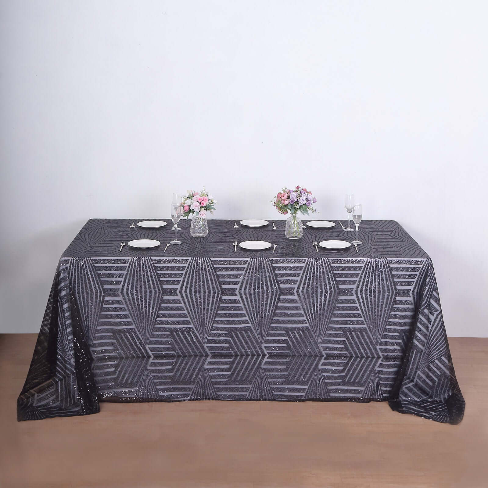 Exclusive Black Sequin Rectangle Tablecloth with Diamond Pattern, 90x132 inches
