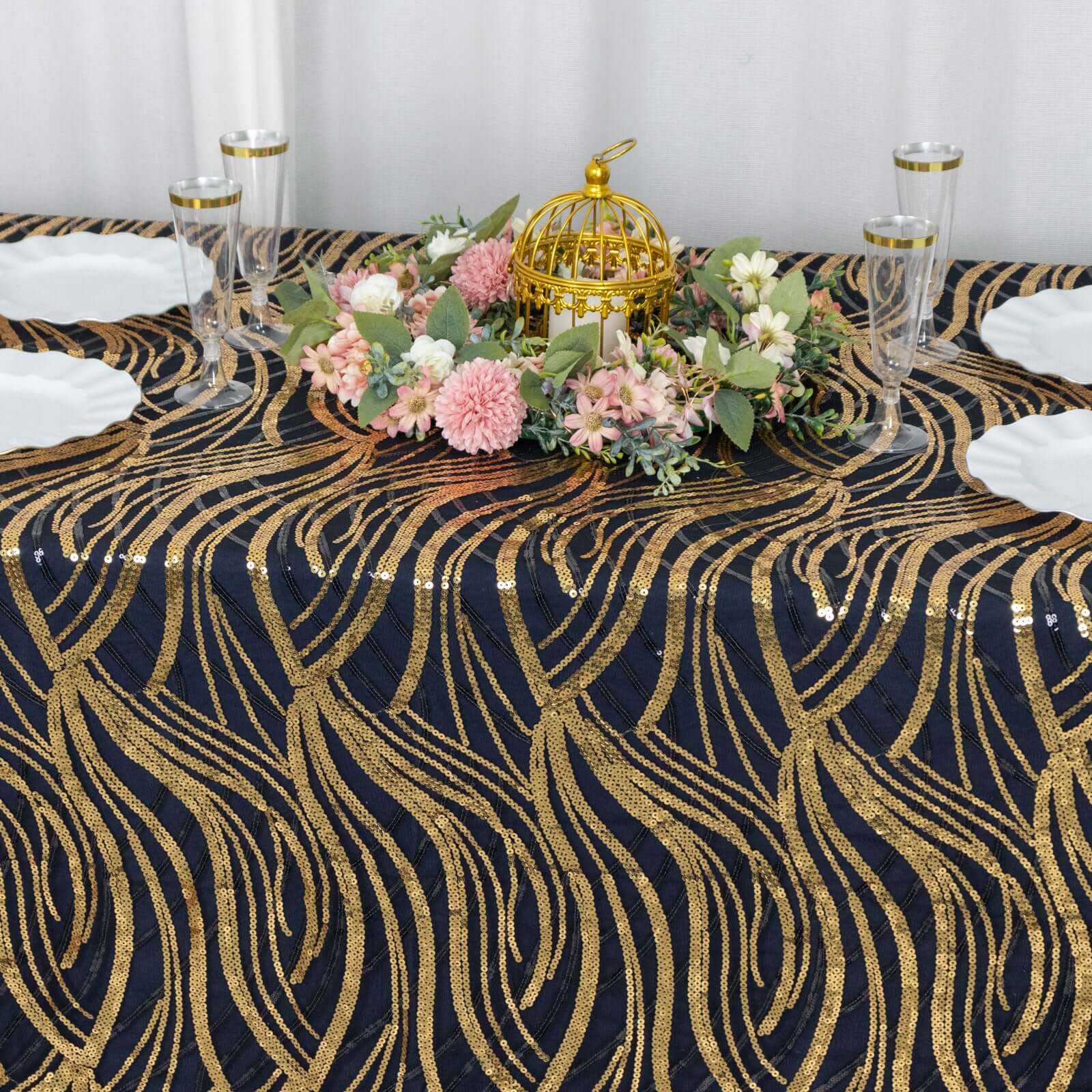 Black/Gold Sparkly Wave Sequin Embroidered Mesh Rectangle Tablecloth 90x156