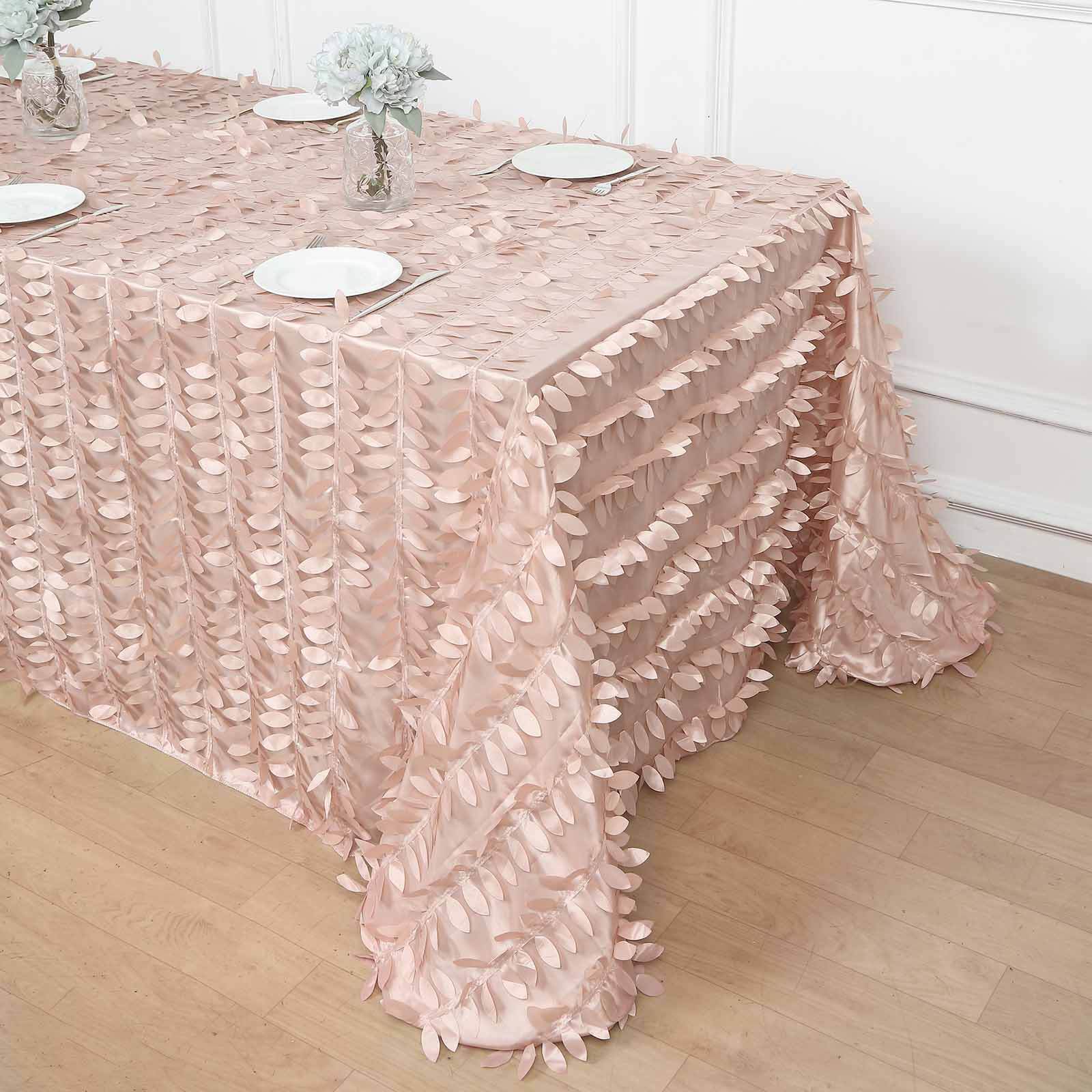 Dusty Rose Taffeta Rectangle Tablecloth 90x132 with 3D Seamless Leaf Petal Design