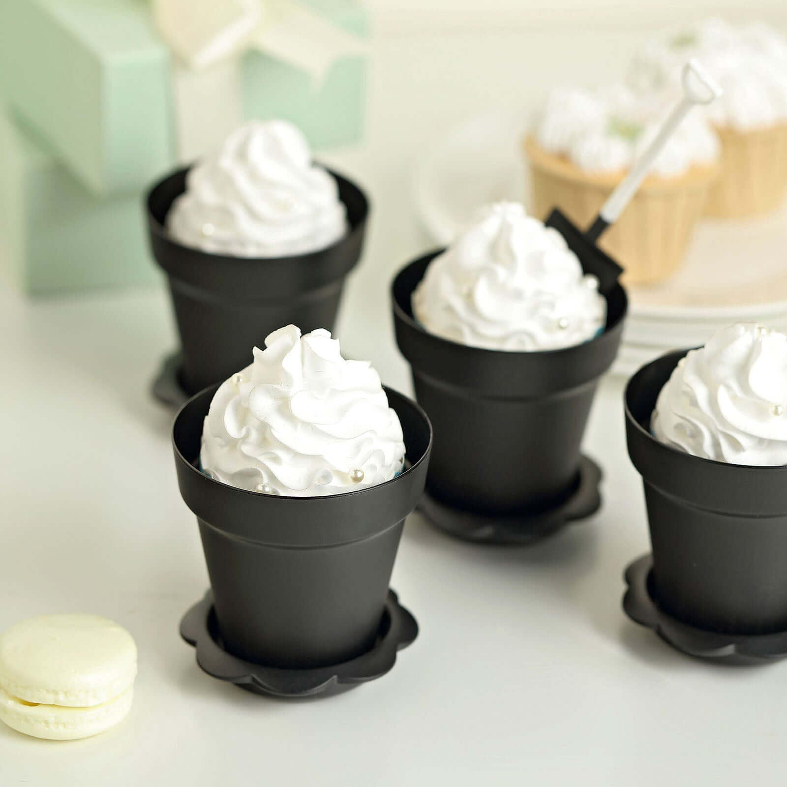 12-Pack Black Plastic Dessert Cups with Succulent Planter Design, Lids & Shovels