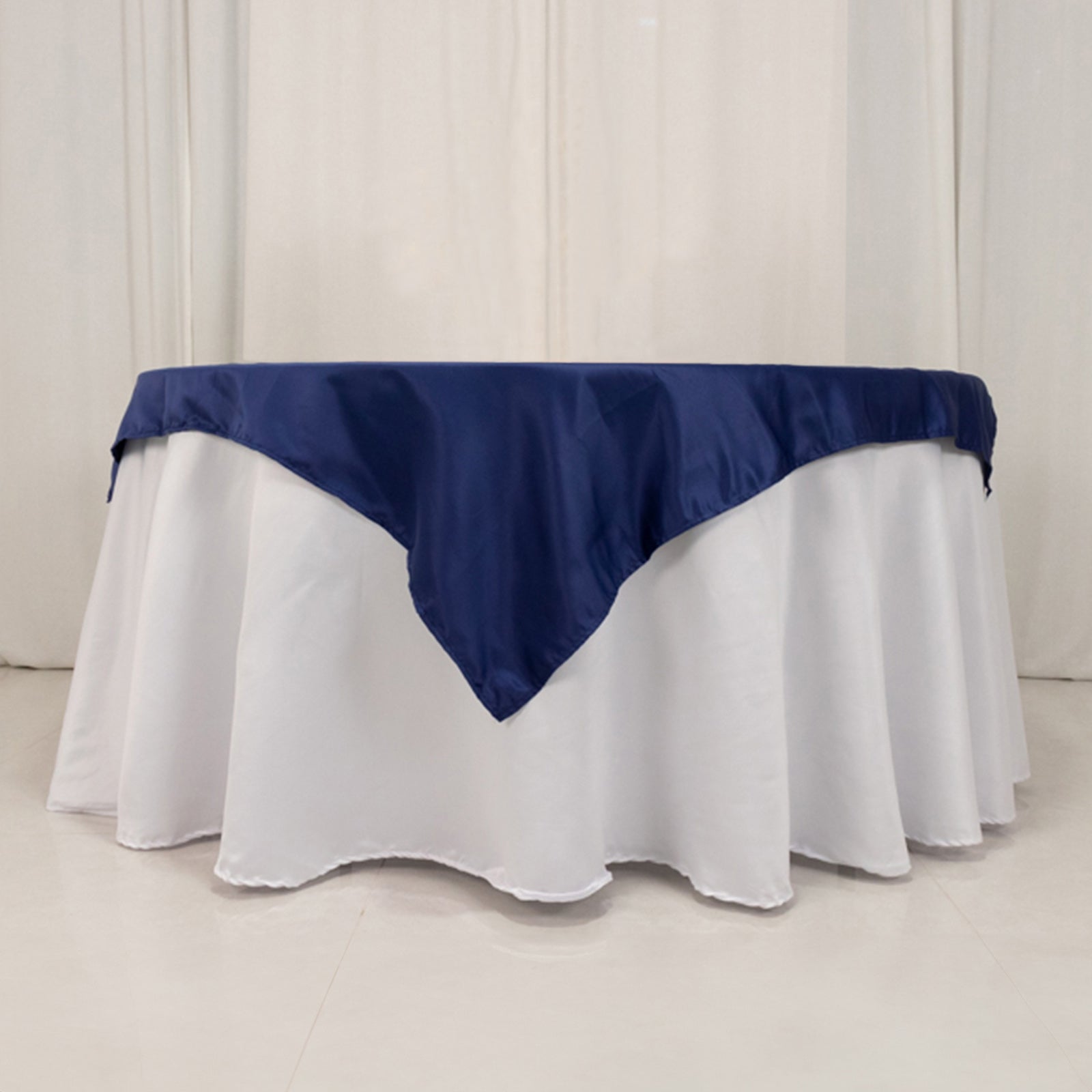 Navy Blue Lamour Satin 54x54 Square Table Overlay - Durable Silk-Like Tablecloth