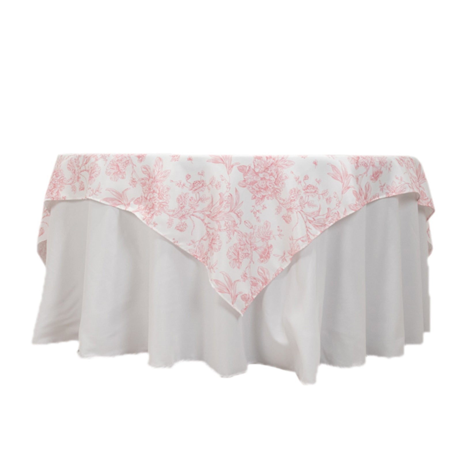 Exclusive Polyester 70x70 Square Table Overlay in White - Pink French Toile Pattern for Elegant Gatherings
