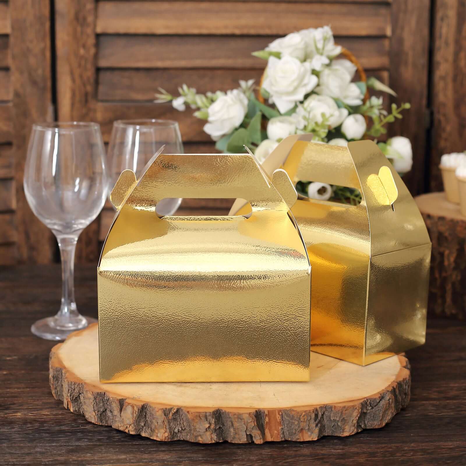 25-Pack Metallic Gold Party Favor Gable Tote Boxes for Candy Gifts, 6x3.5x7