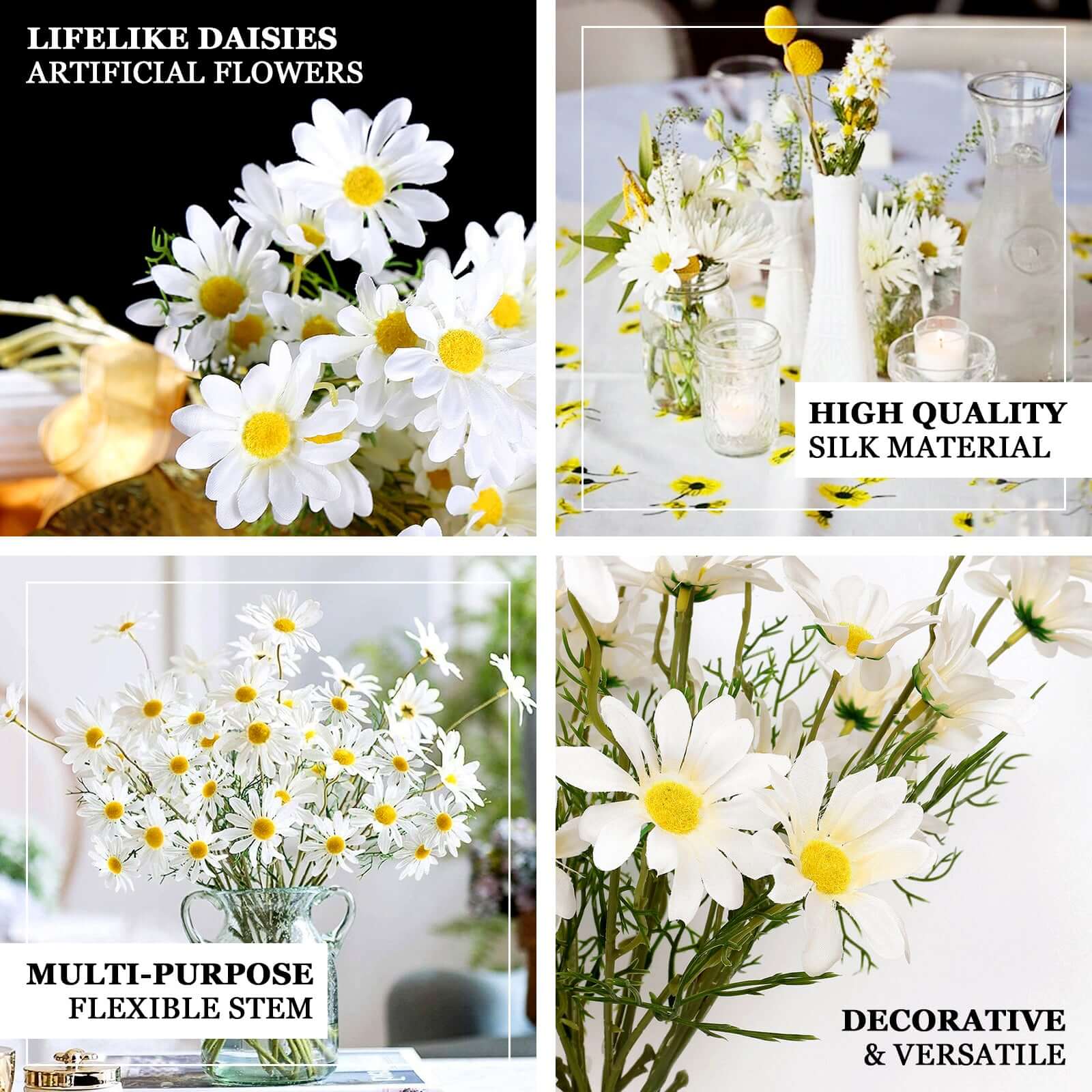 6-Bush White Artificial Silk Daisy Flower Stem Bouquet for Decor