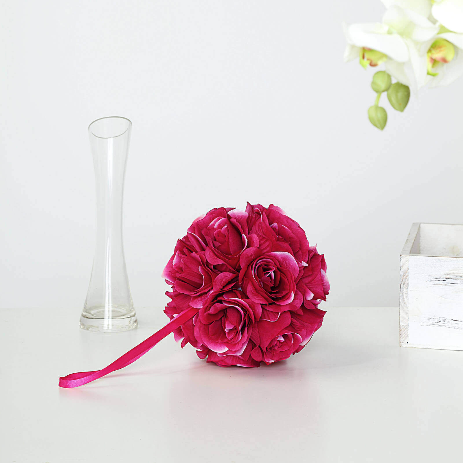 2-Pack 7-Inch Fuchsia Artificial Silk Rose Kissing Flower Balls for Decor