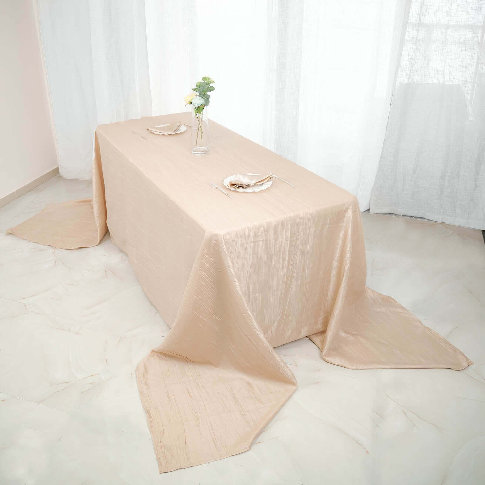 Discount! Beige Crinkle Taffeta Rectangle Tablecloth 90x156 for Weddings and Parties