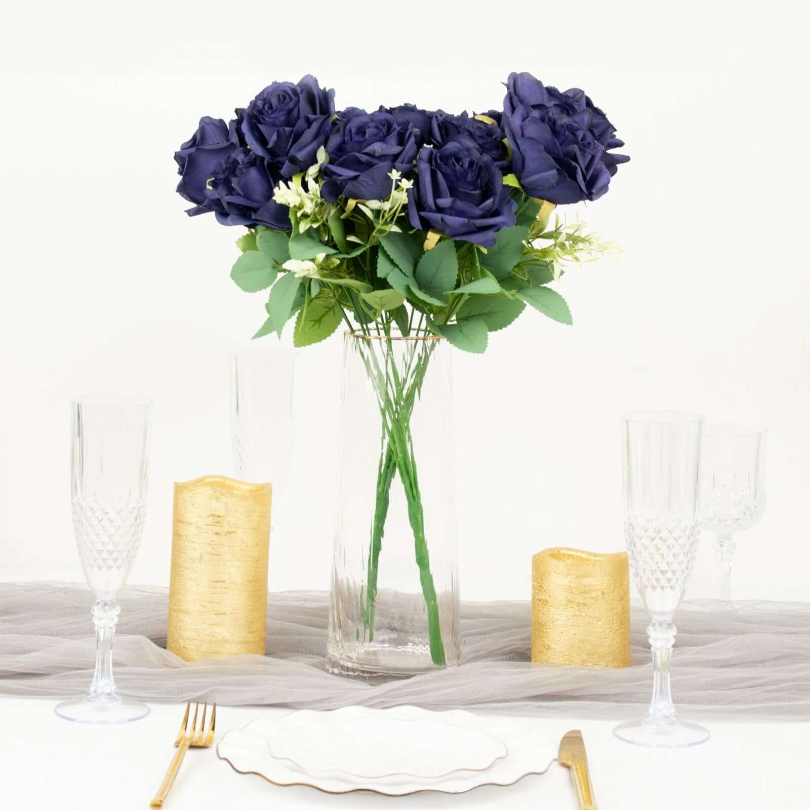 Hot Deal! 2 Bushes of 18 Realistic Navy Blue Artificial Silk Rose Flower Bouquets for Decor